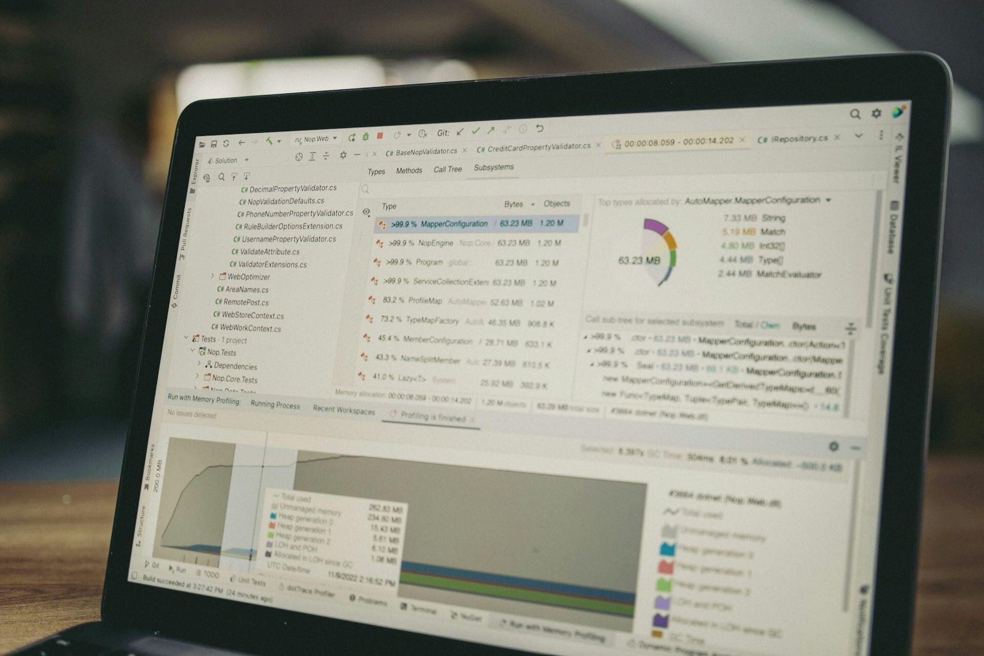 Laptop screen showing programming tools and data analysis charts