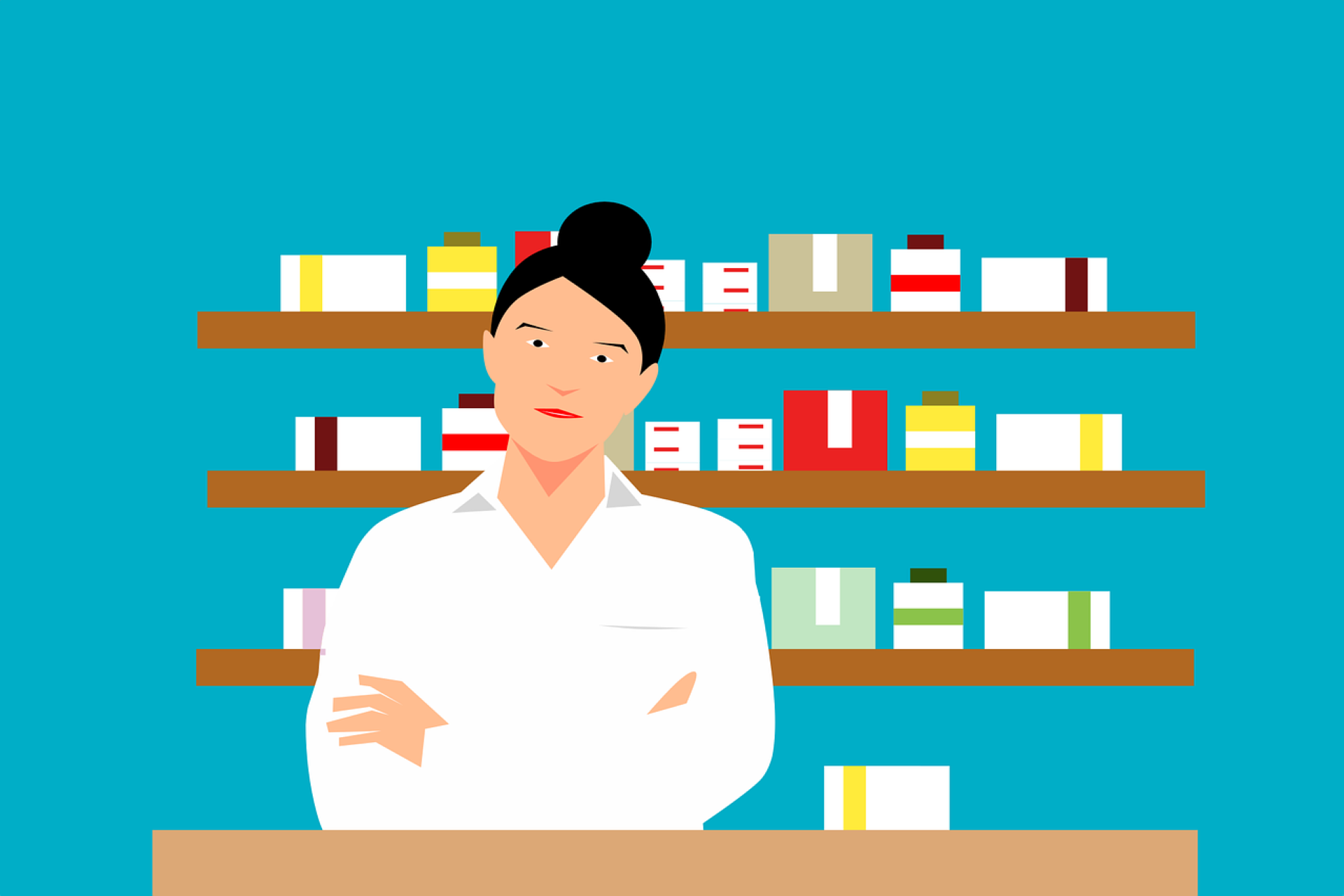 Pharmacists with several prescriptions on shelves