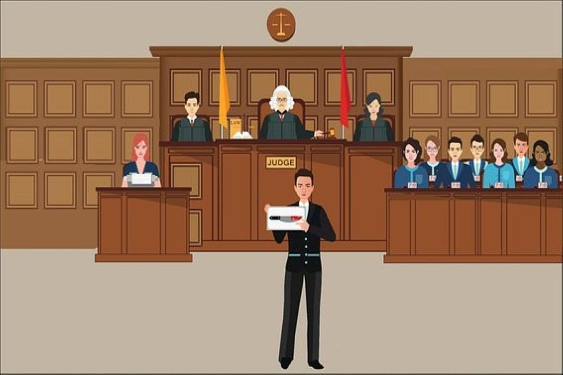 A criminal lawyer showing evidence in a courtroom during a case proceeding.