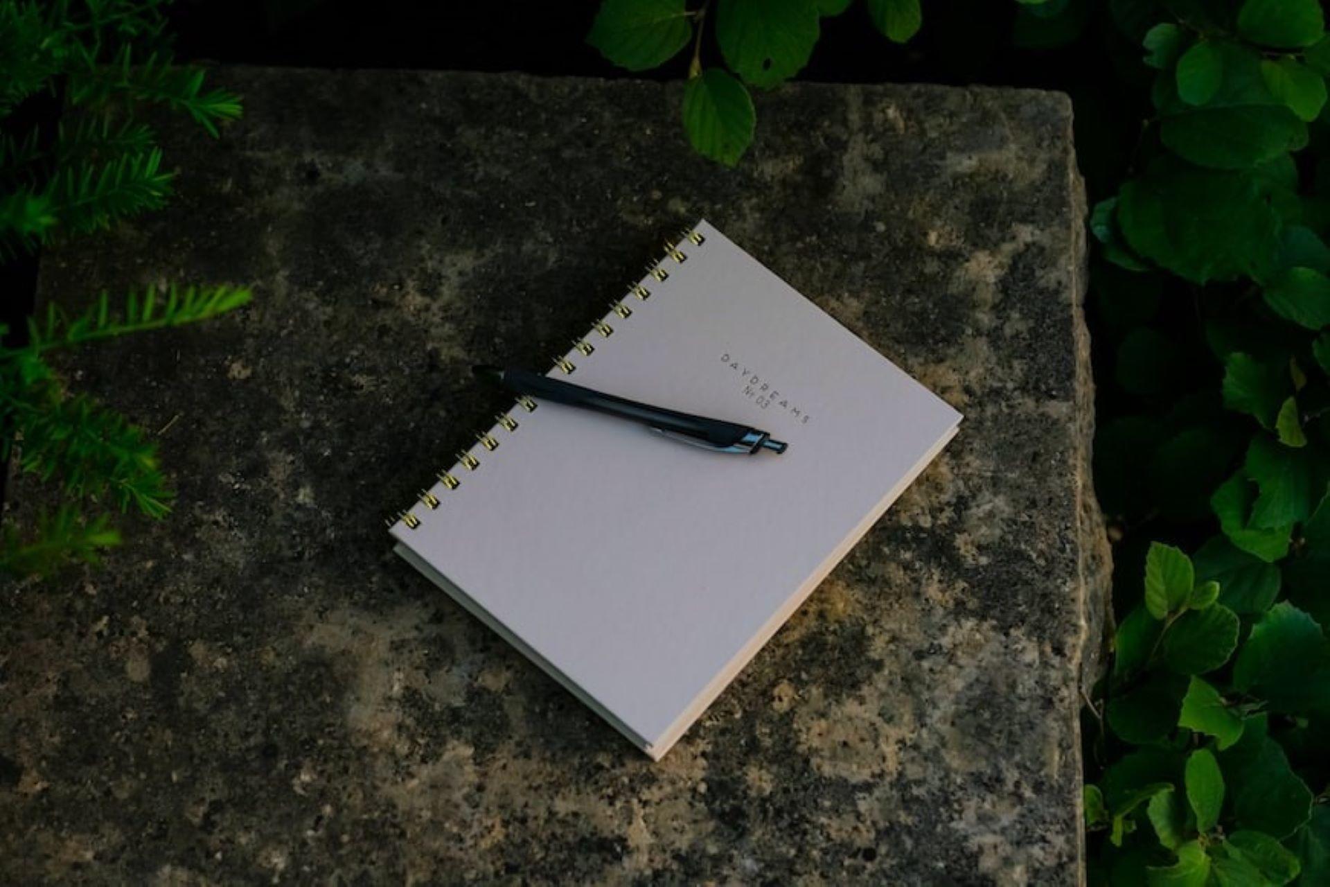 A closed book with a pen is kept on a rock