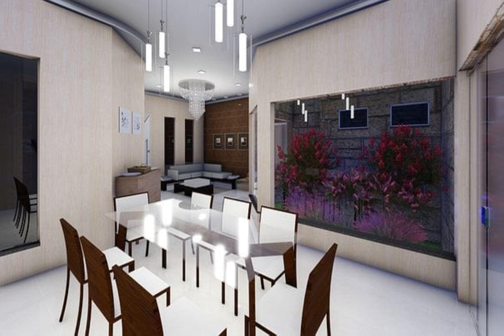 A 3D layout of an interior design space