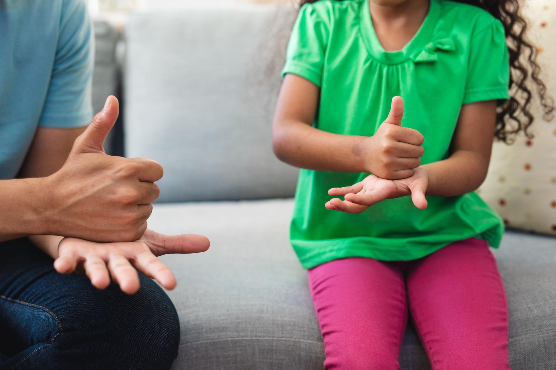 A child and adult communicating using sign language