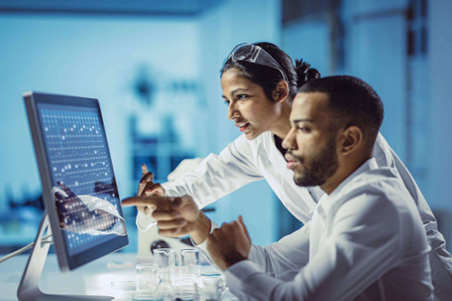 Scientists working in a biotech laboratory