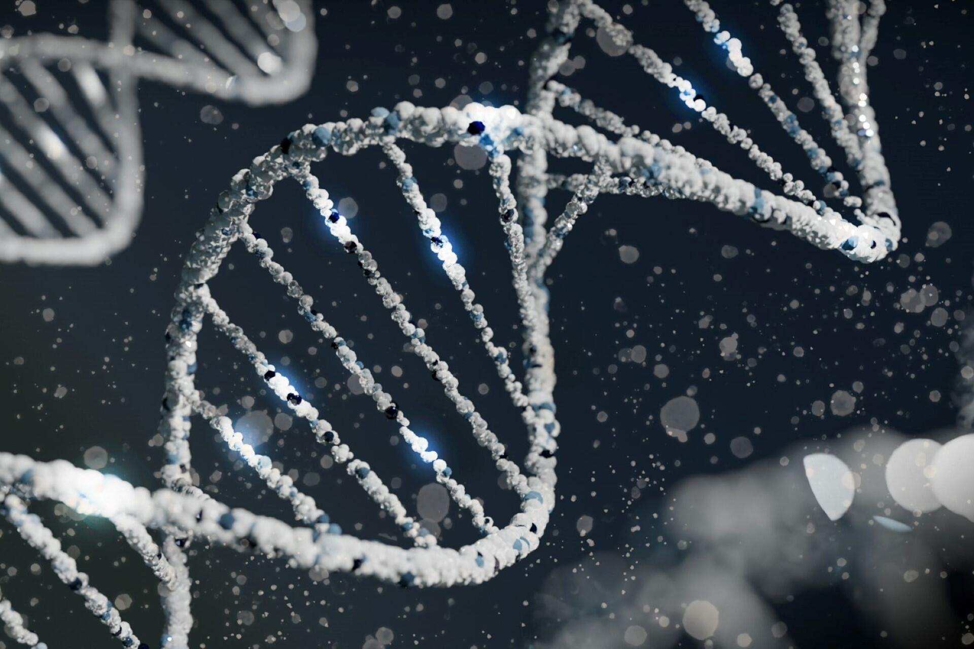 Close-up illustration of a DNA double helix structure against a dark background.