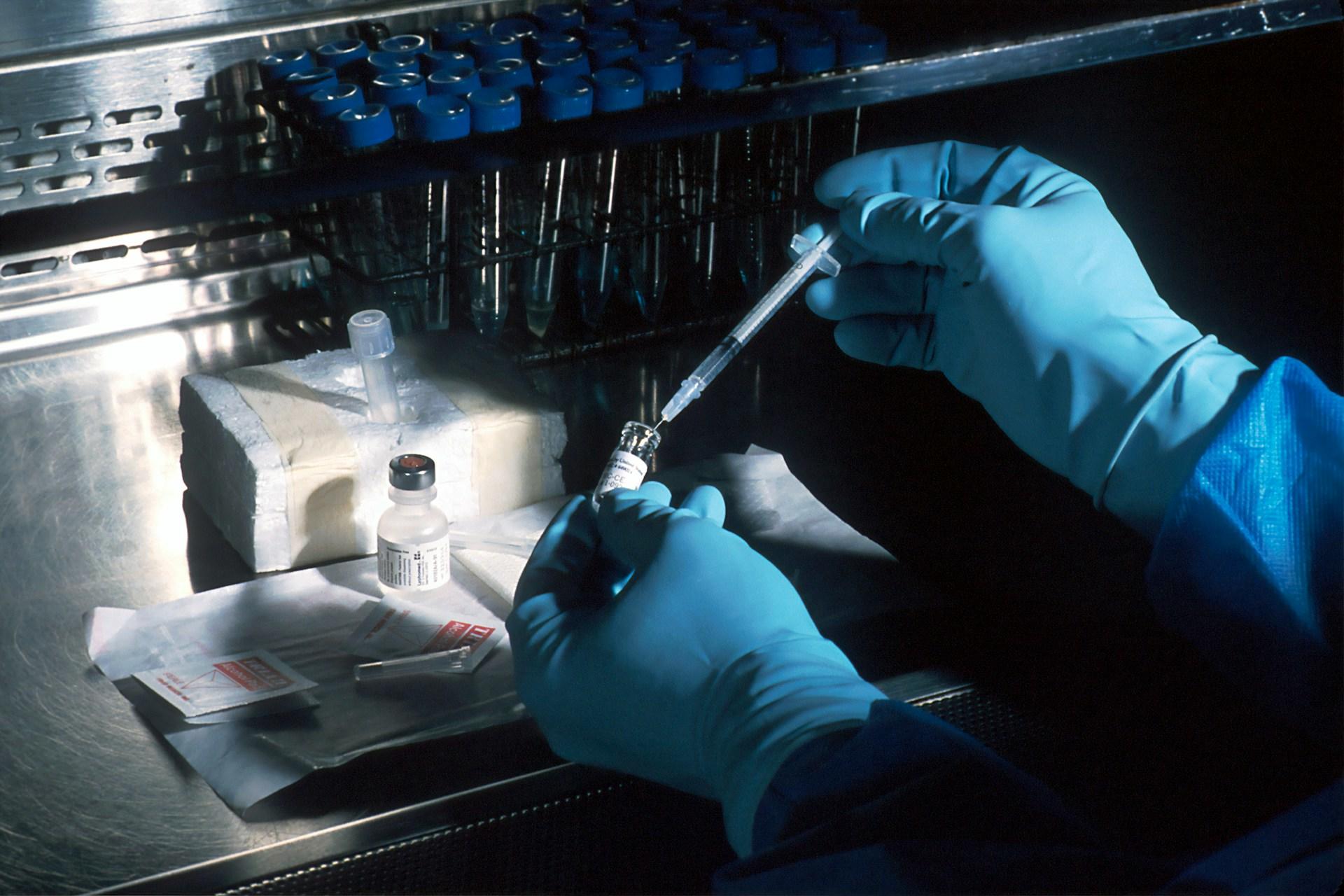 Some gloved hands using a syringe to put liquid into vials.