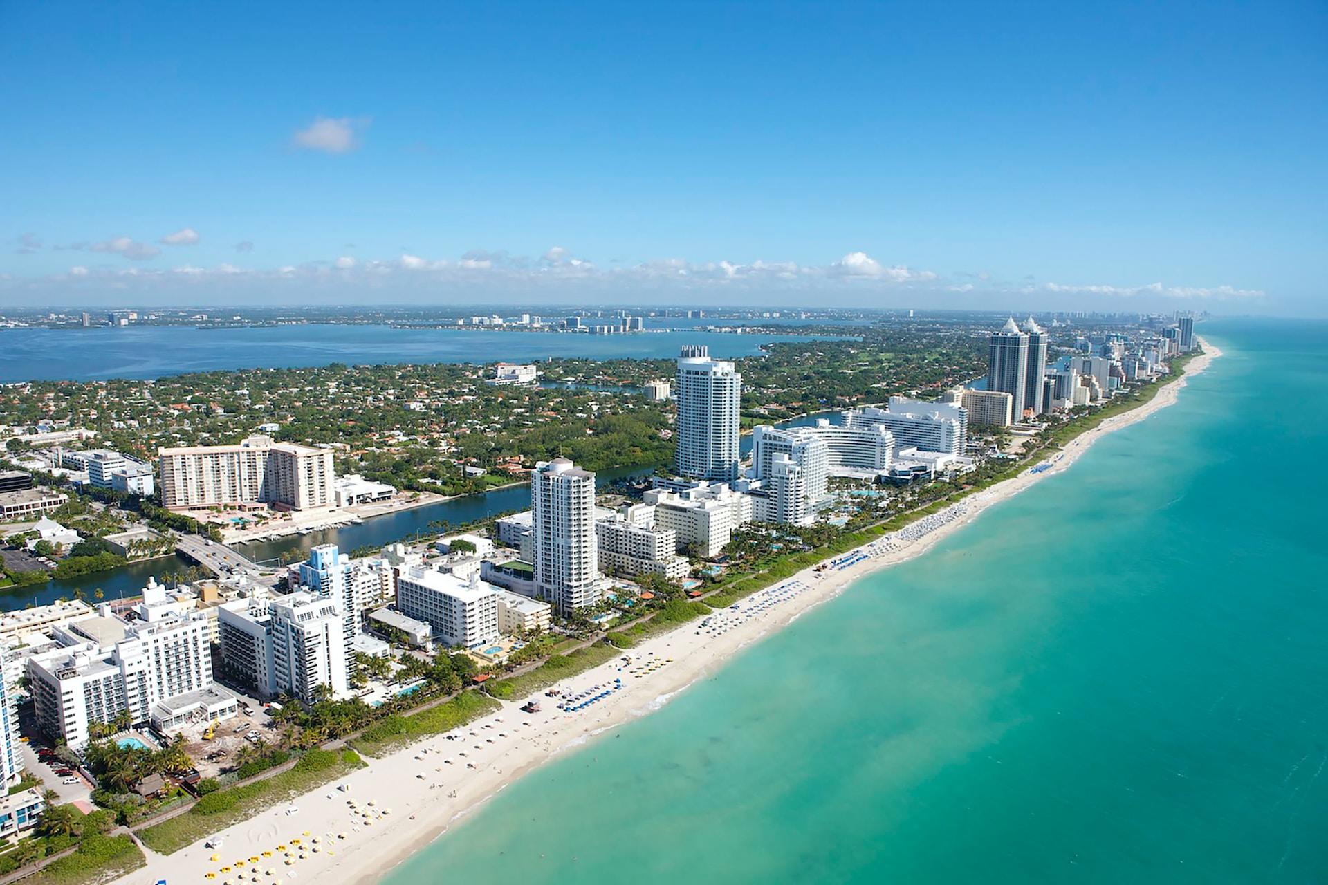 An aerial view of Miami, Florida, and the coastline.