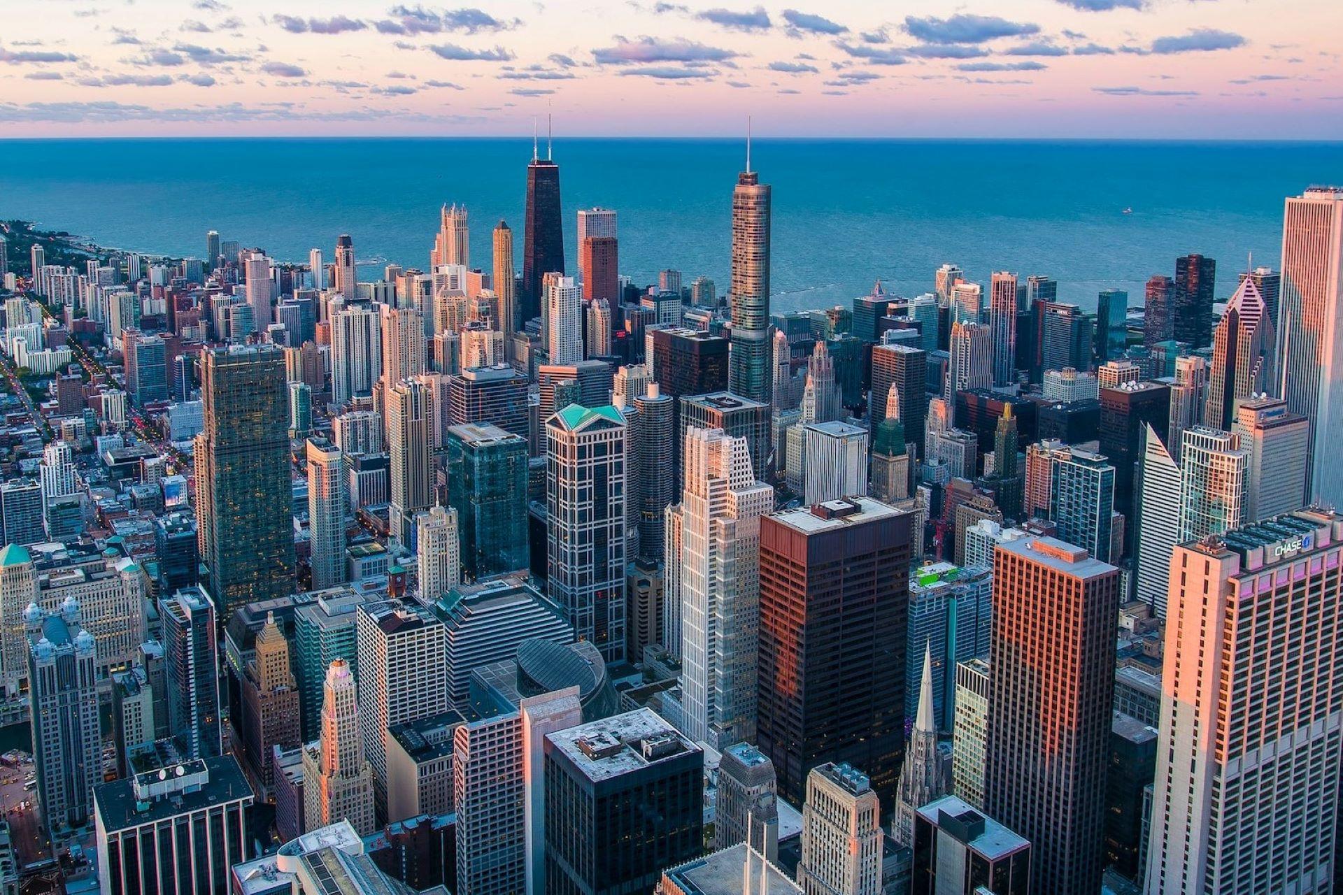 A view of the Chicago skyline from the air.