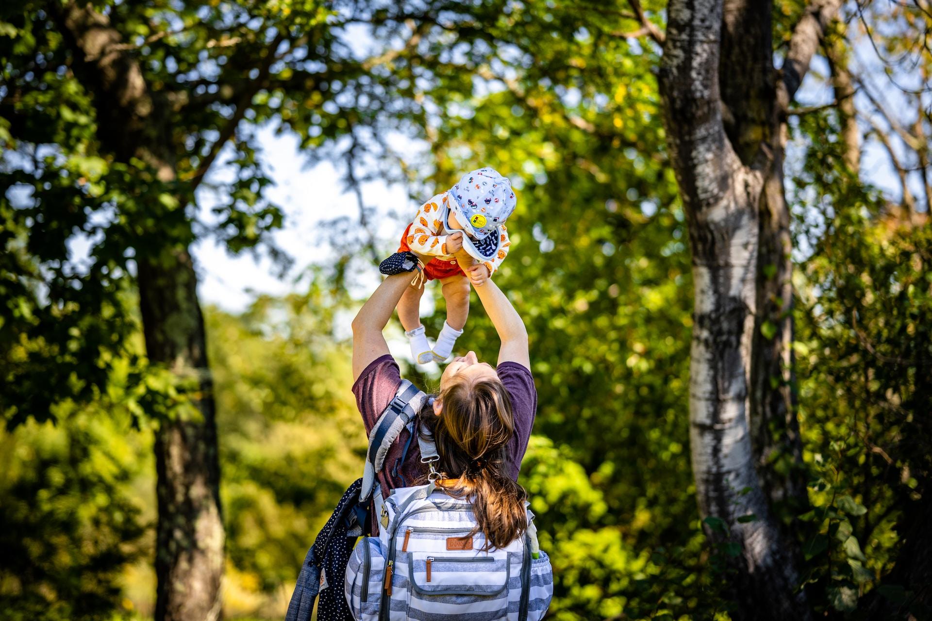 Mother hiking with her son