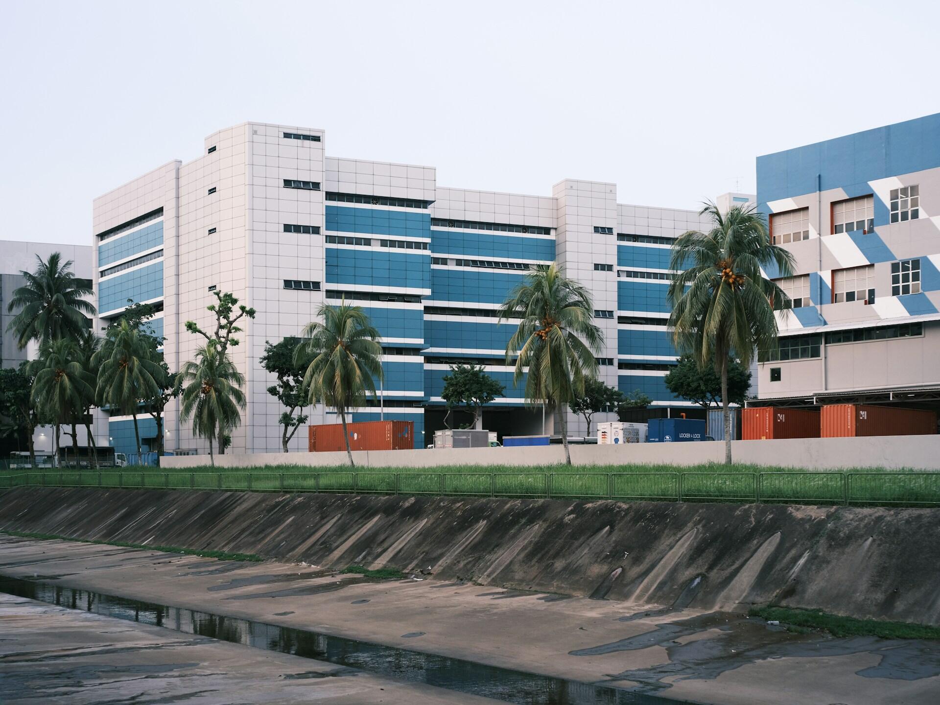 Research facilities along the waterfront with palm trees lining the sidewalk.