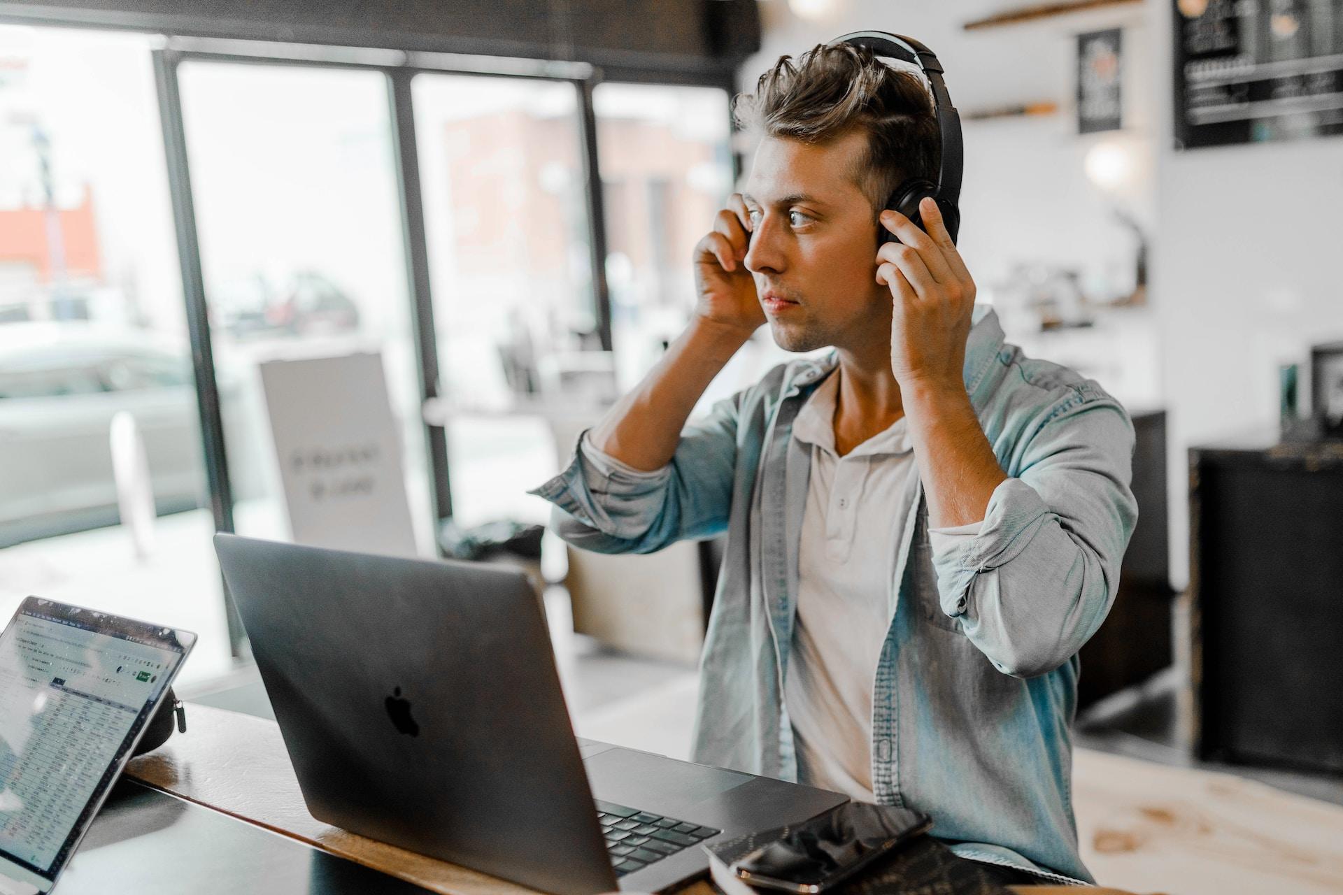 Man listening to podcast.