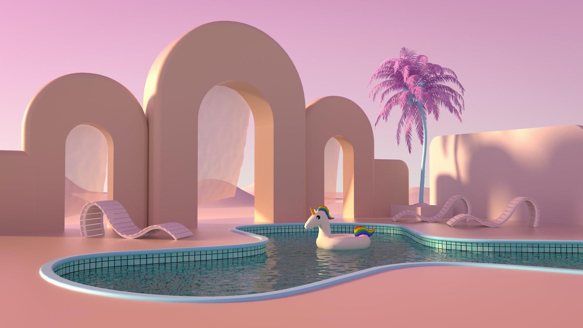 A stylized 3D digital drawing of a pool oasis with archways, purple palm trees, and a unicorn pool float.