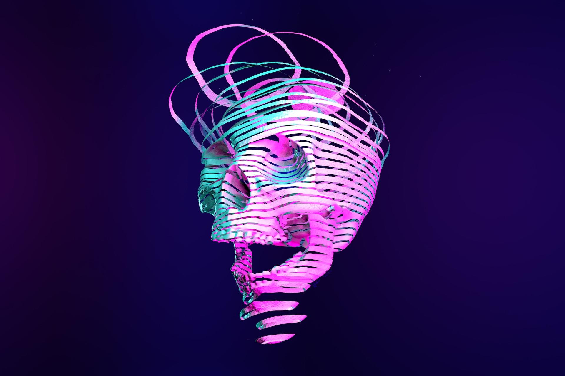 A 3D render of a colorful human skill that appears to be coming apart in strips.