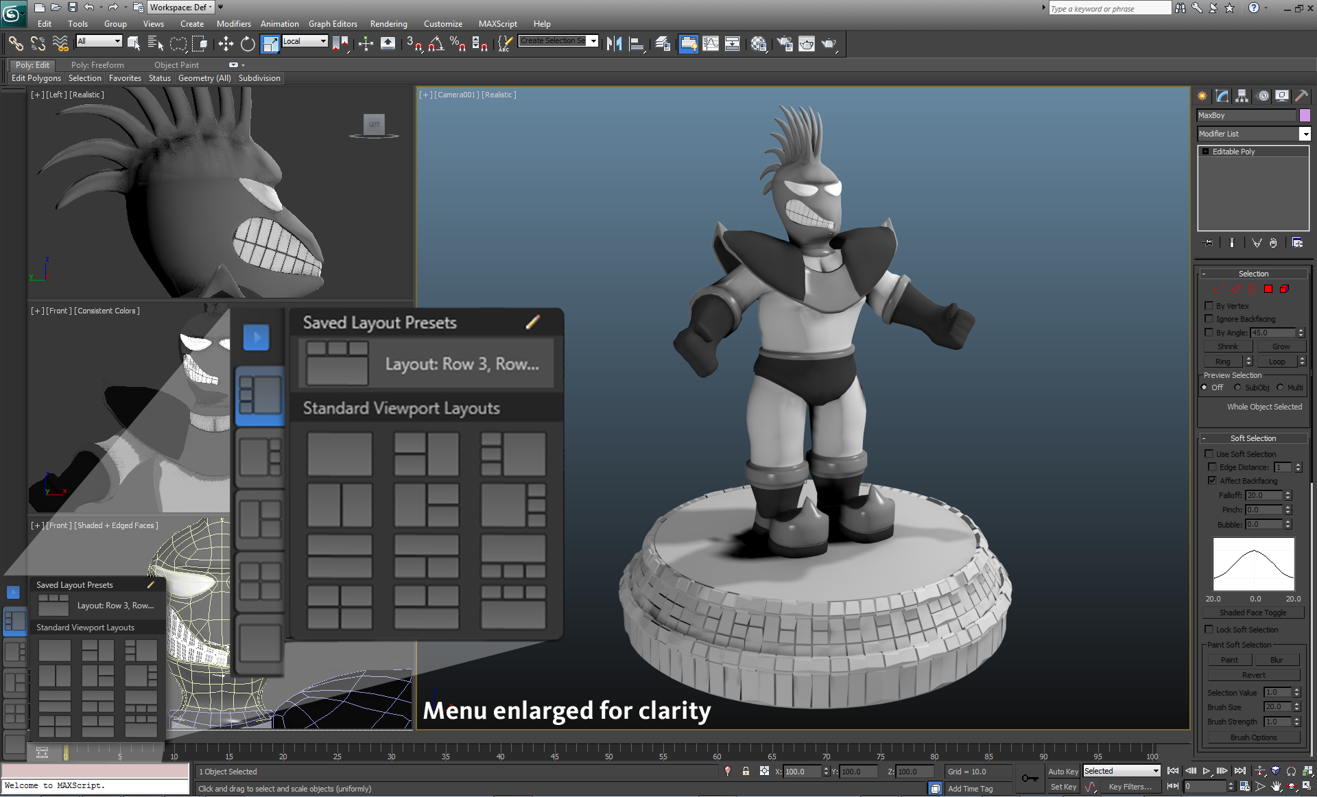 A screenshot of a character being designed in 3ds Max software.