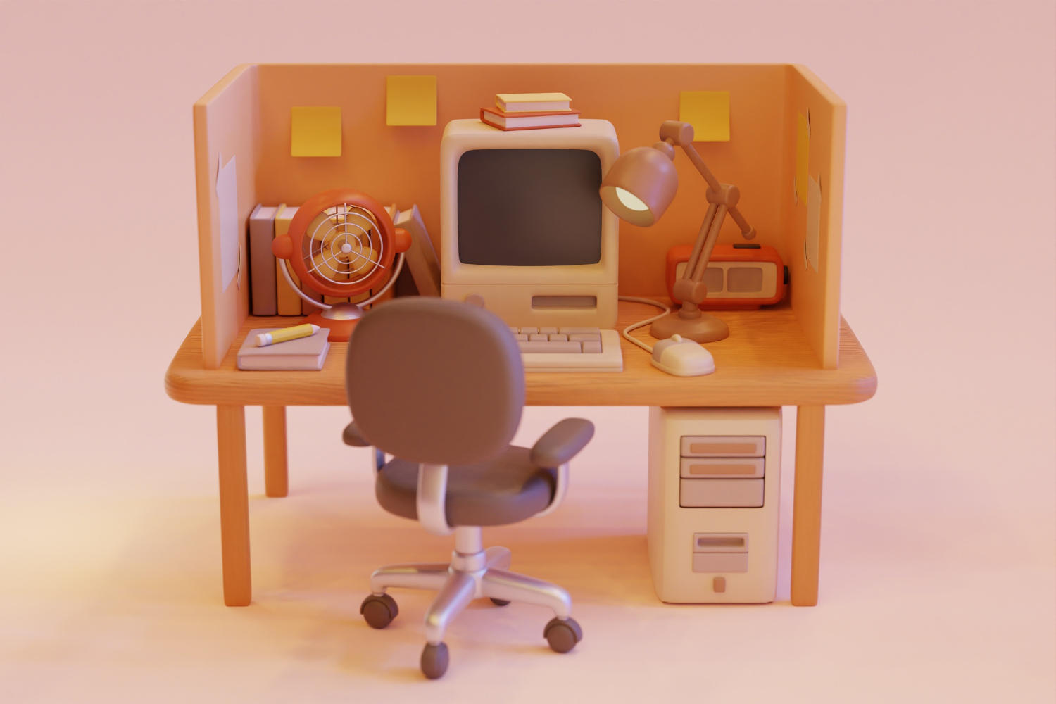 A 3D rendering of an orange-toned office desk in a cartoonish yet realistic style.