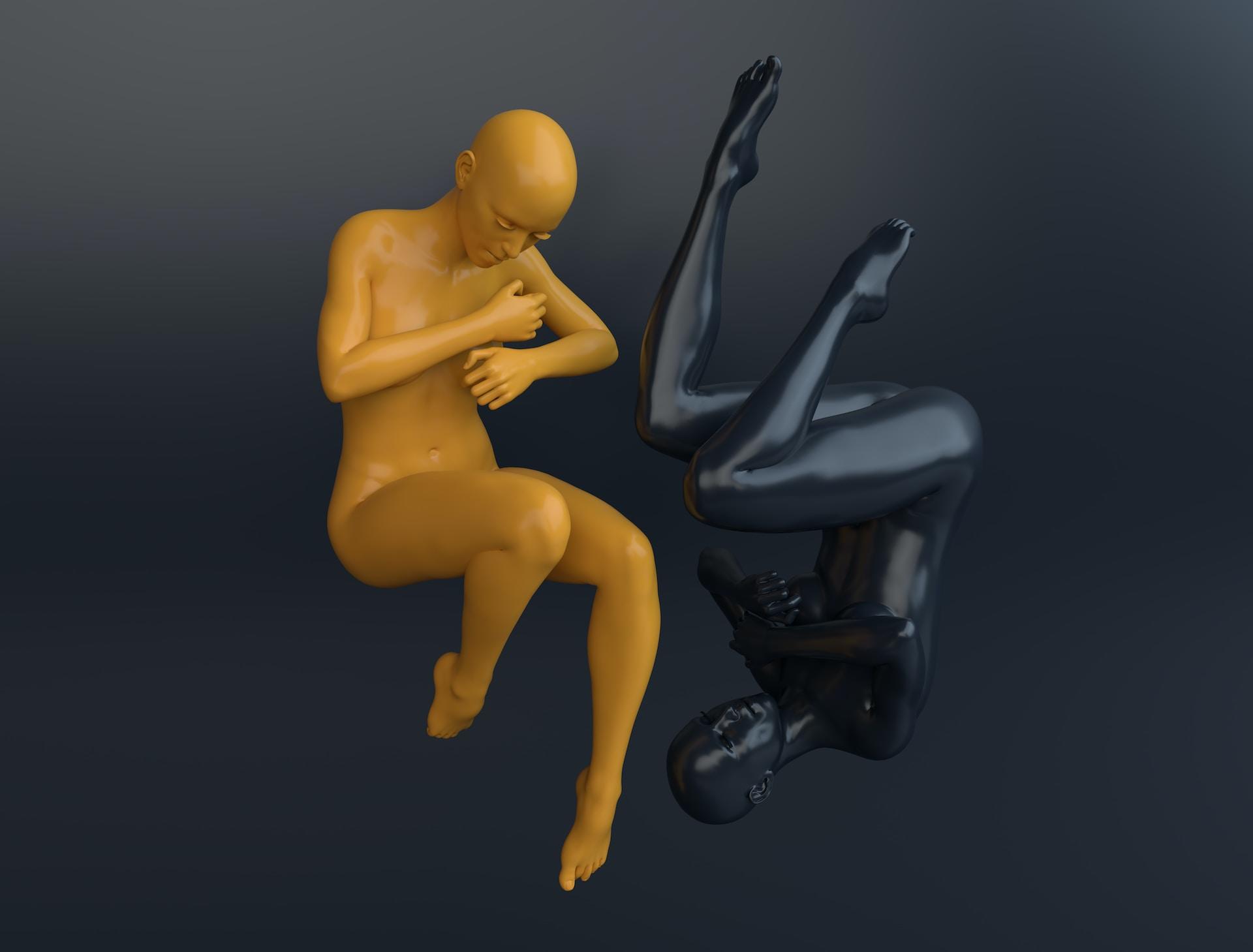 A yellow character model and a black character model floating in digital space.