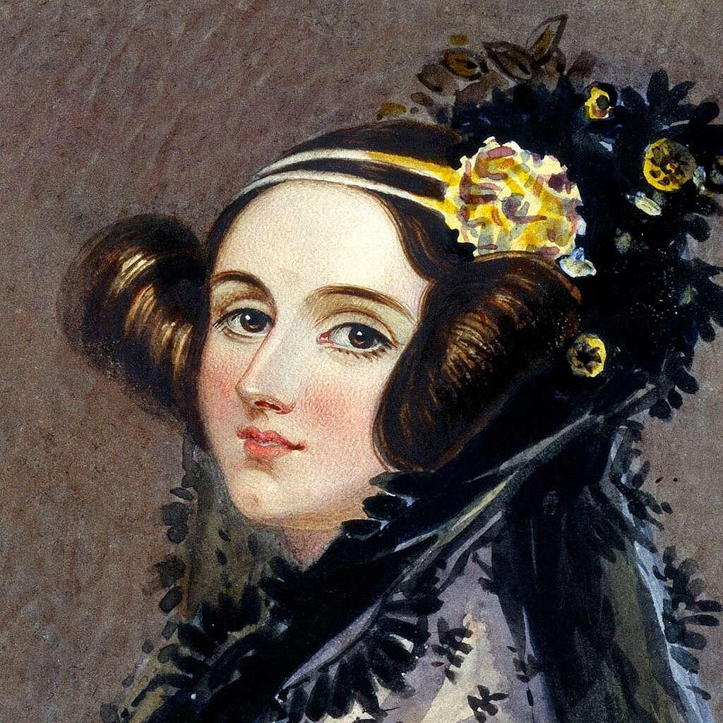 A portrait of Ada Lovelace wearing a headband and purple outfit.
