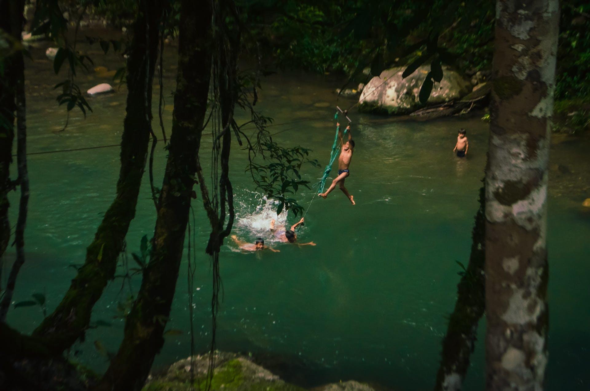 A child uses a rope swing to jump into a lake with their friends.