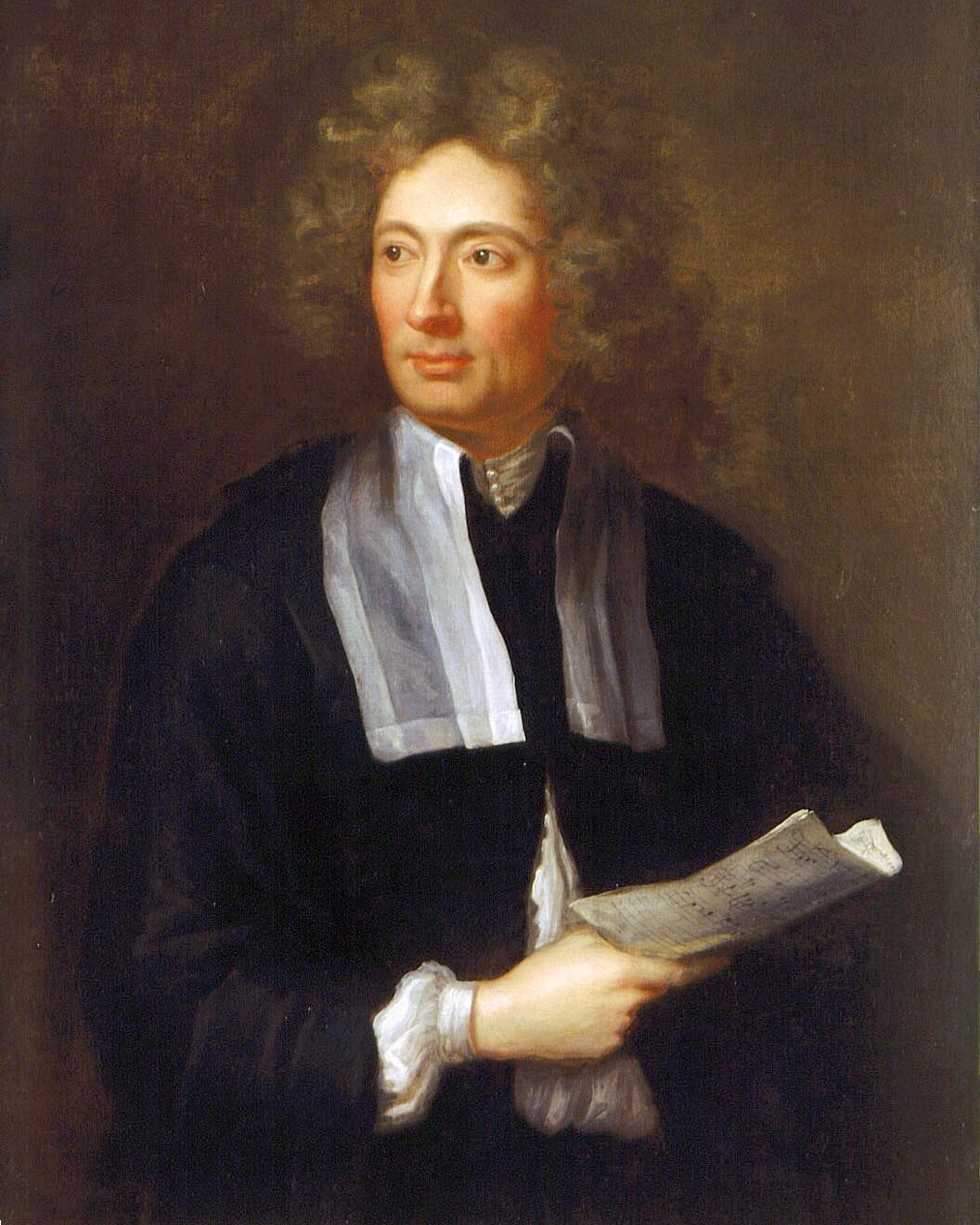 Painted portrait of a man with long curly hair holding sheet music.