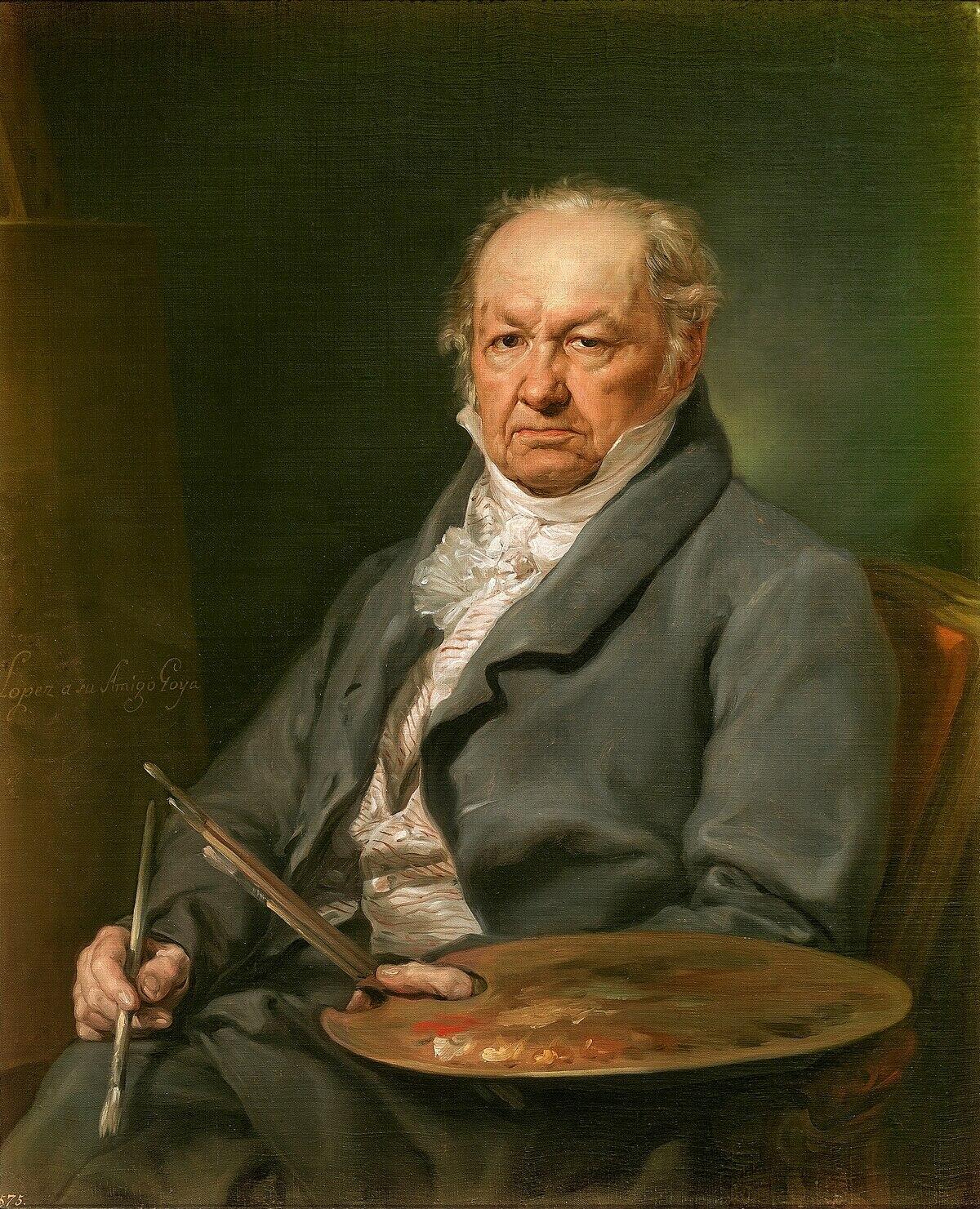 Classical painted portrait of Francisco Goya in 18th-century attire.