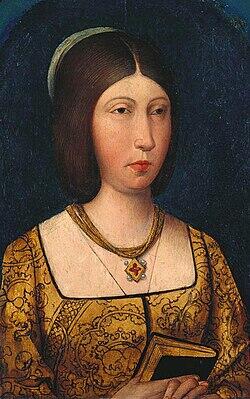 Renaissance portrait of Queen Isabella of Castile in regal attire.