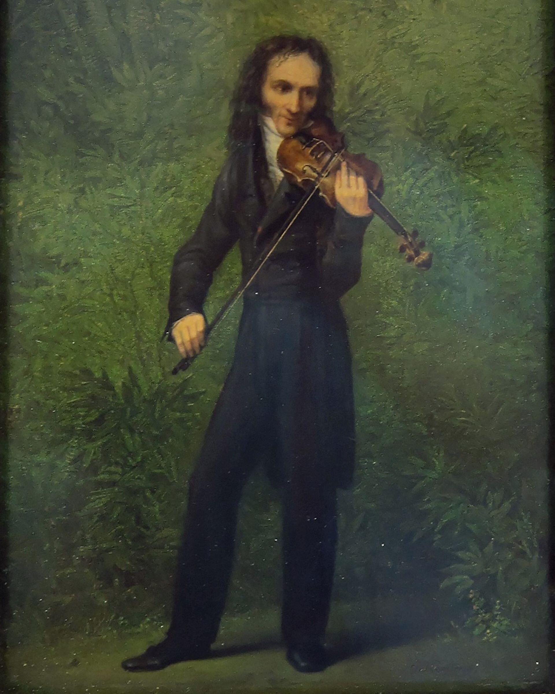 Painting of a man standing and playing the violin in a dark suit against a green background.