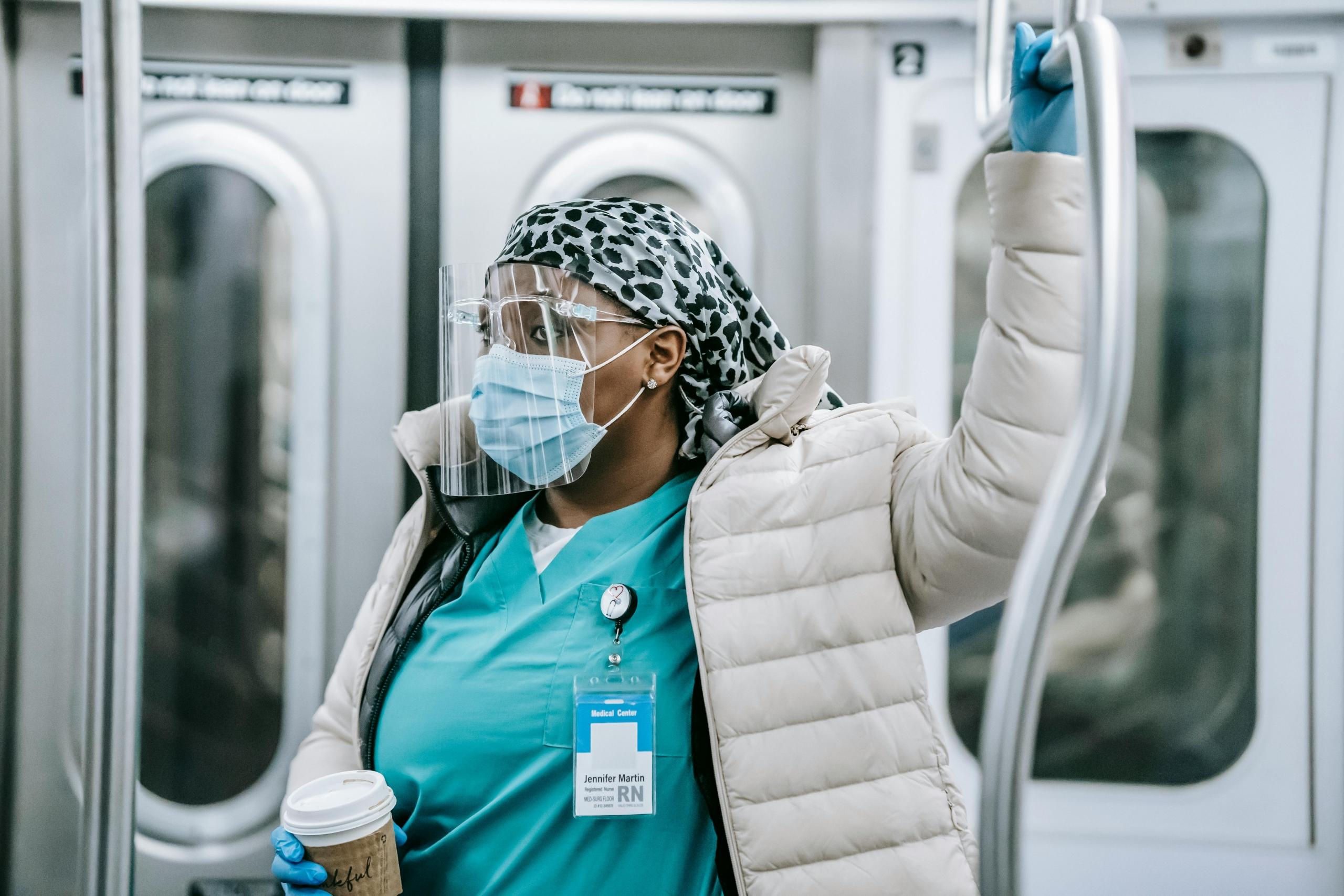 A nurse on the New York Subway.