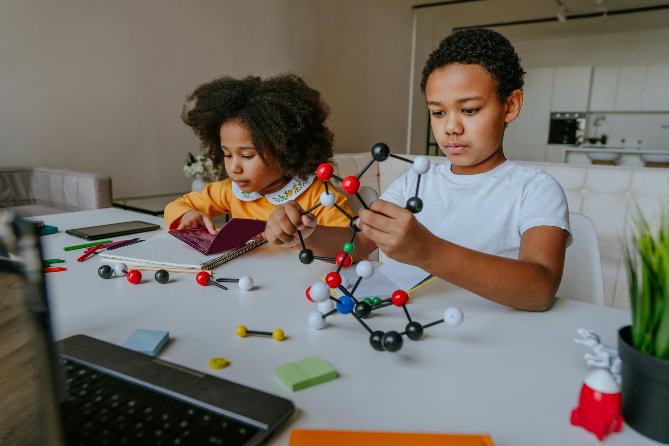 Two kids playing with science focused games.