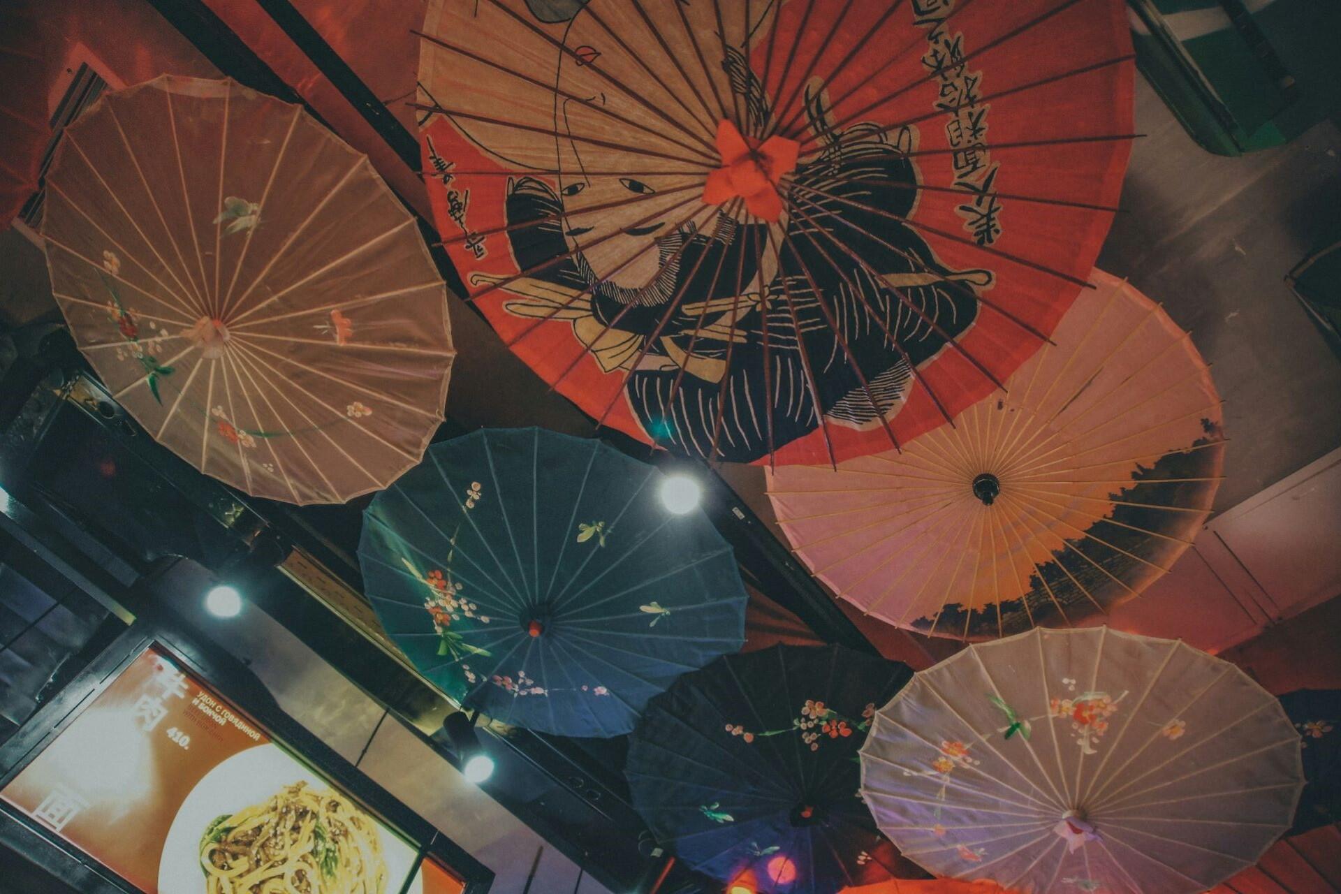 Umbrellas on the ceiling of a Chinese restaurant.