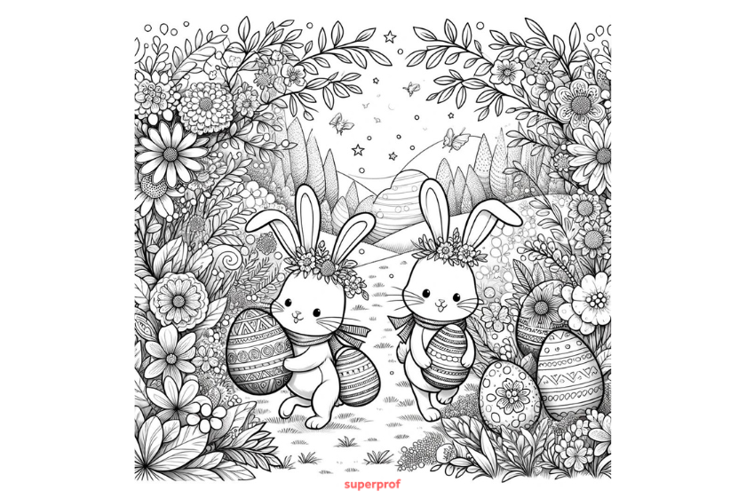 Two bunnies on an Easter egg hunt.