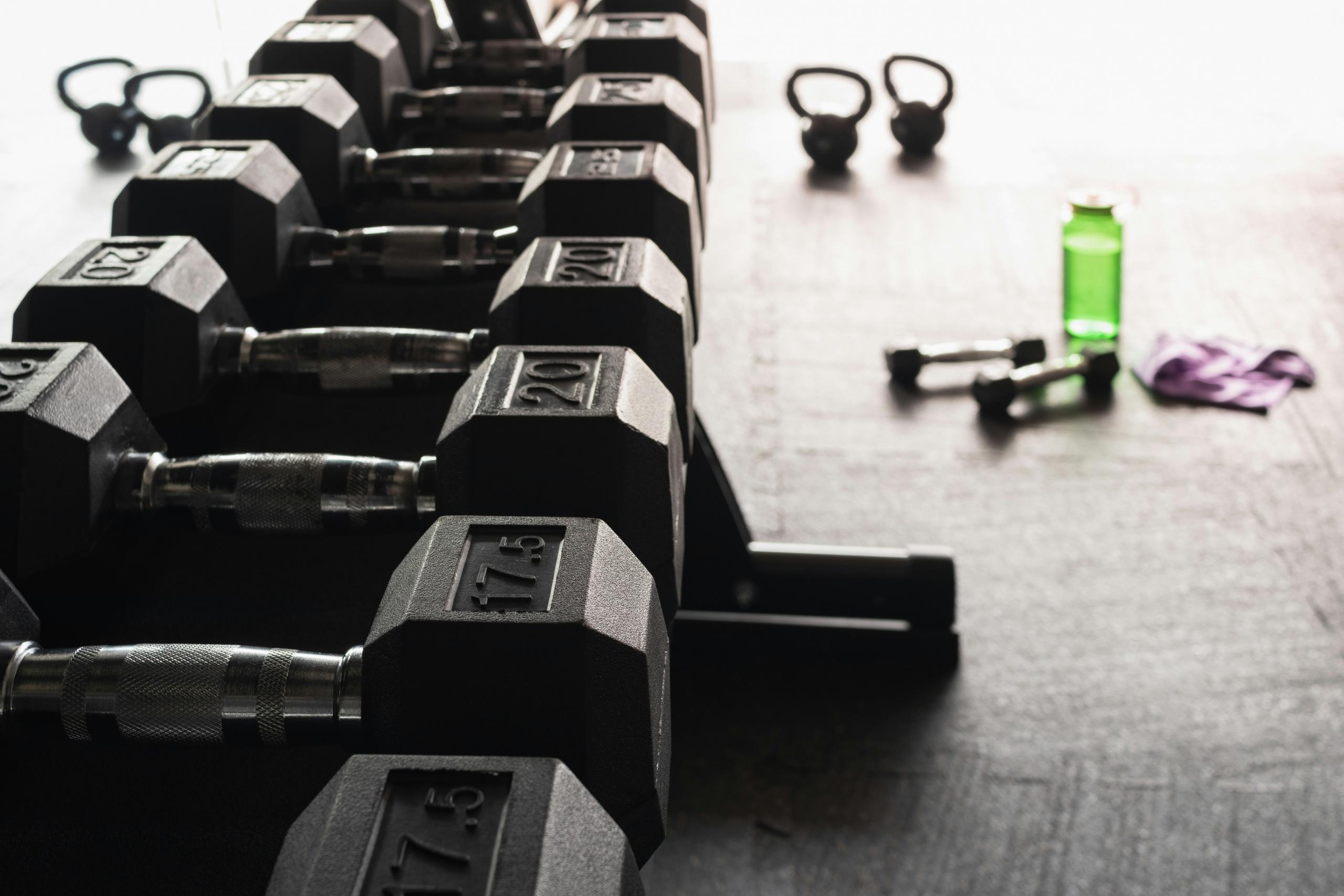 Dumbbell weights at a gym.