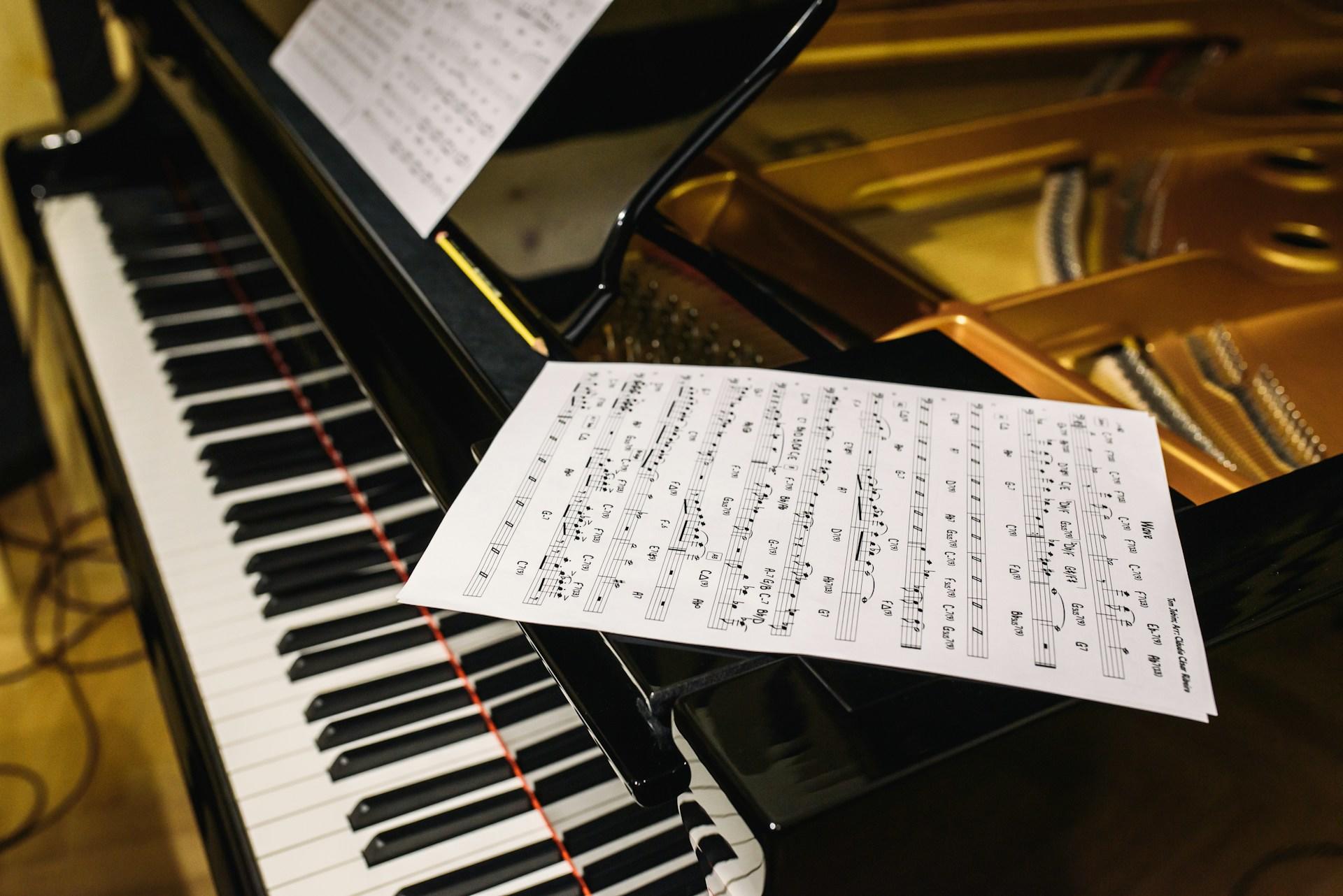 A grand piano with some sheet music on the lid.
