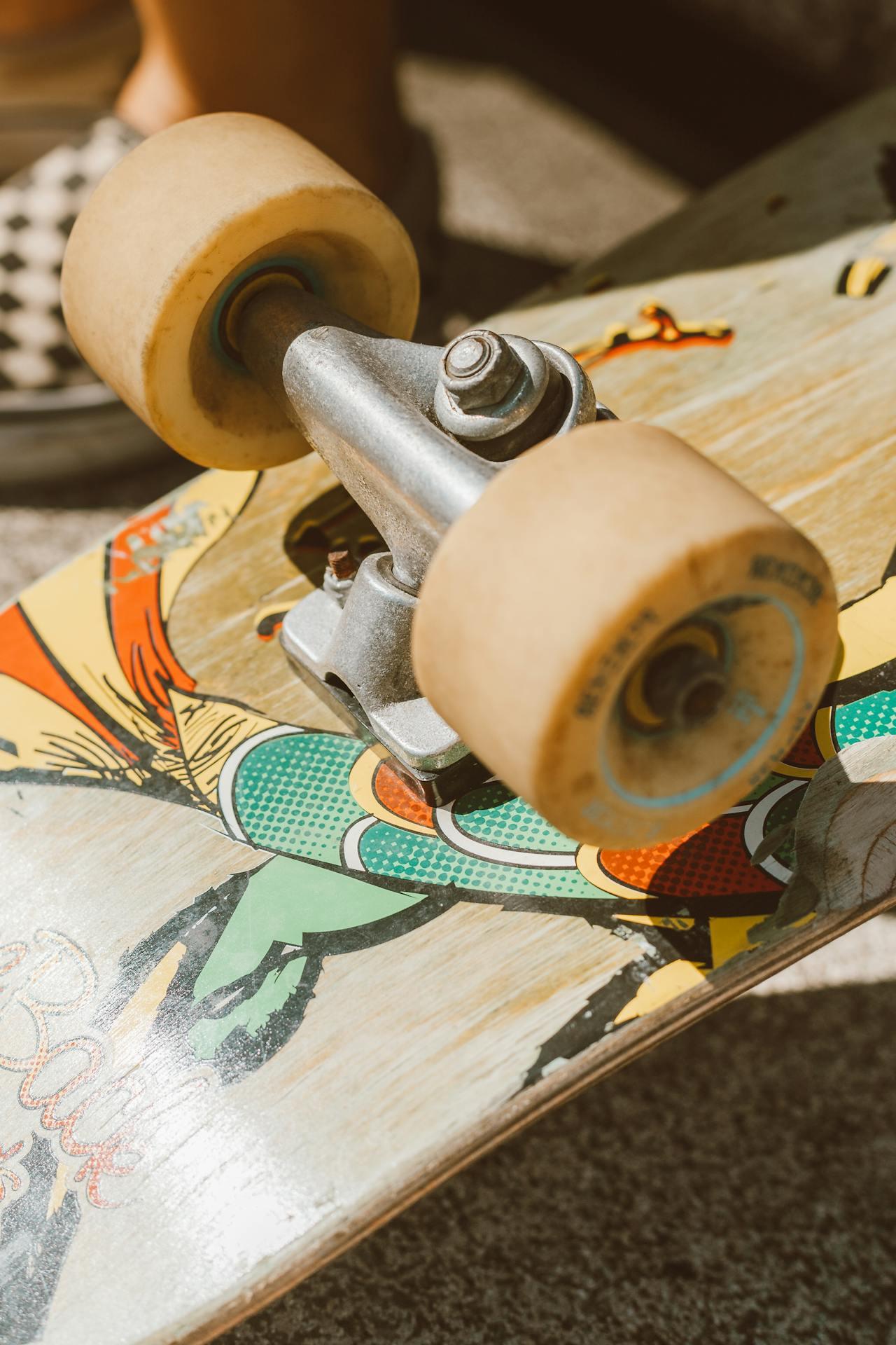 A closeup of work skateboard wheels mounted on a board