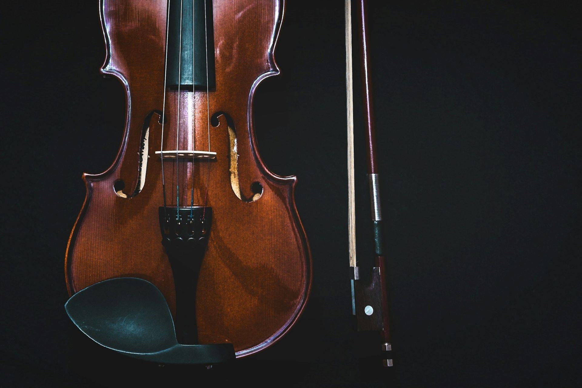 A closeup of a violin alongside a bow.