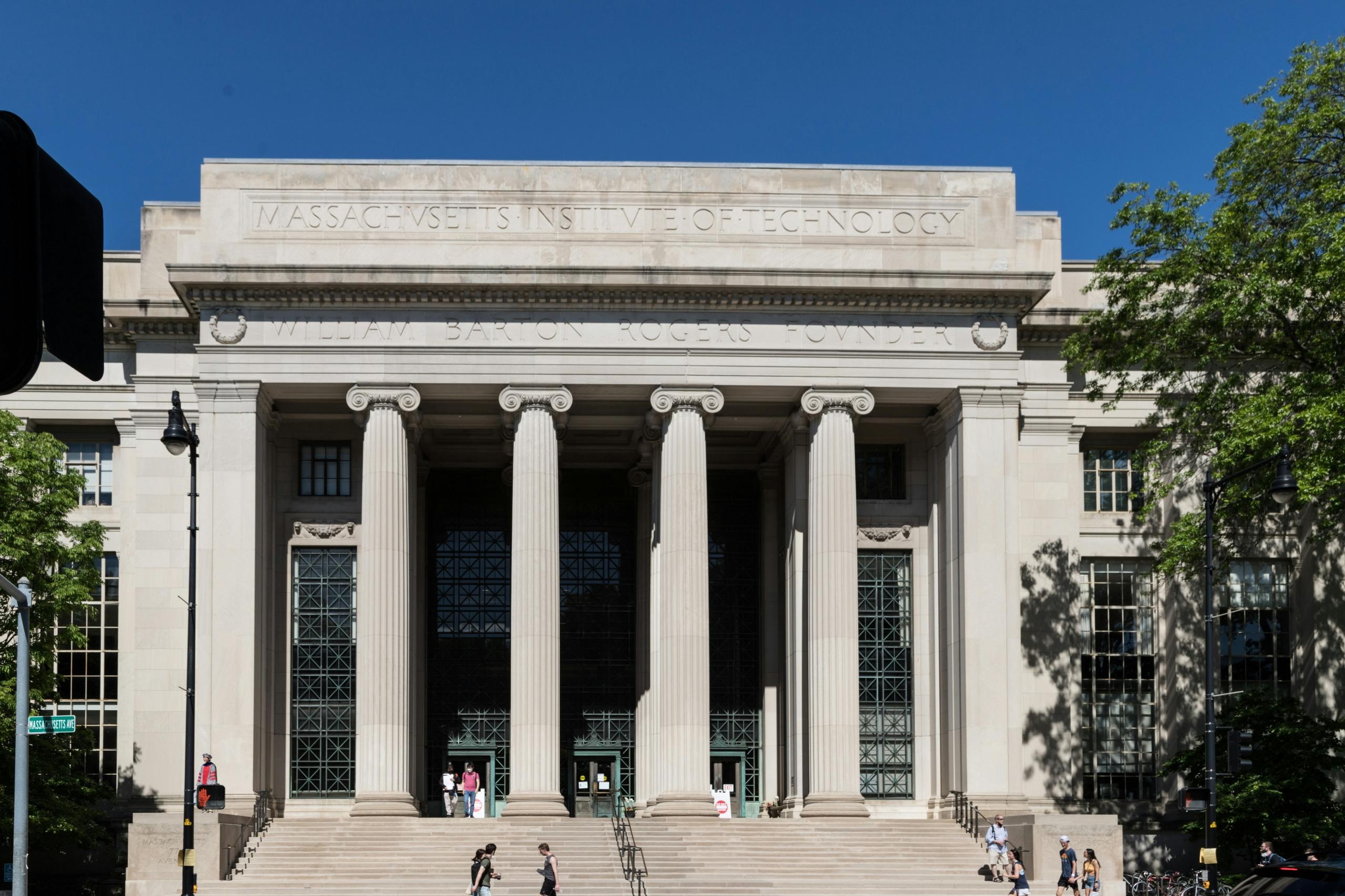 The inside of MIT's collge campus with students making their way to lecture in the afternoon