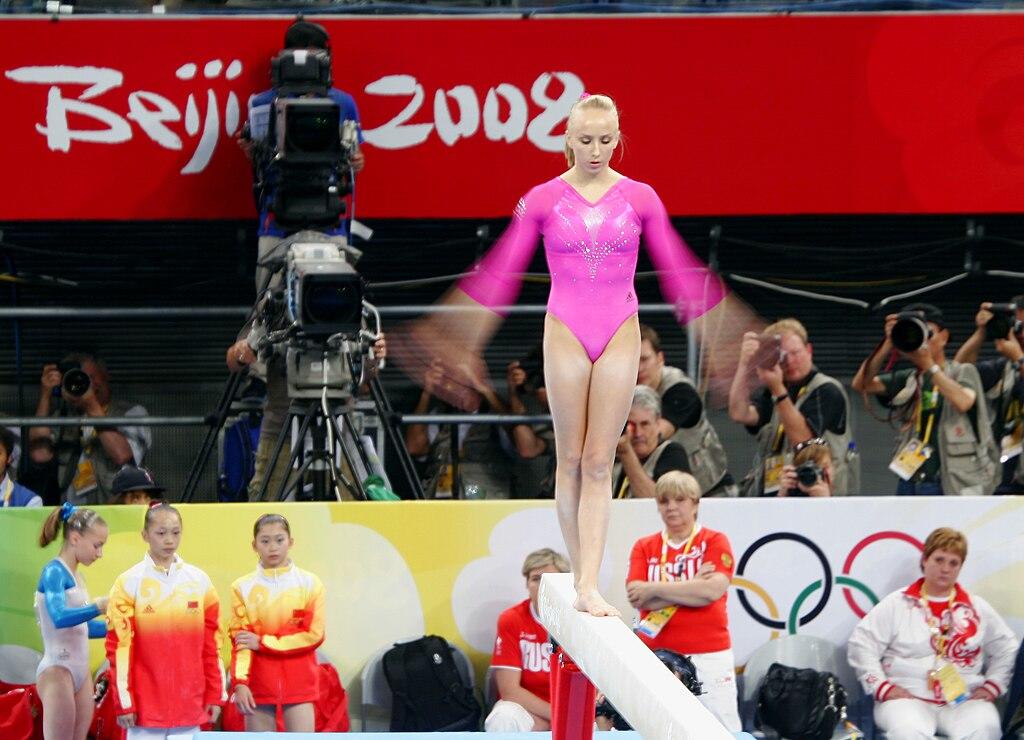 Nastia Liukin performing on the beam during the 2008 Beijing Olympics.