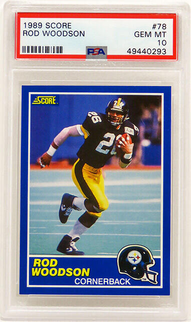 Football card featuring Rod Woodson in his Pittsburgh Steelers uniform, with player stats and achievements.