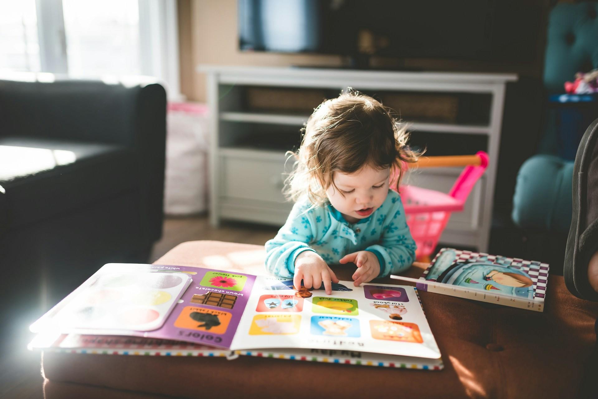 Toddler reading at a desk.