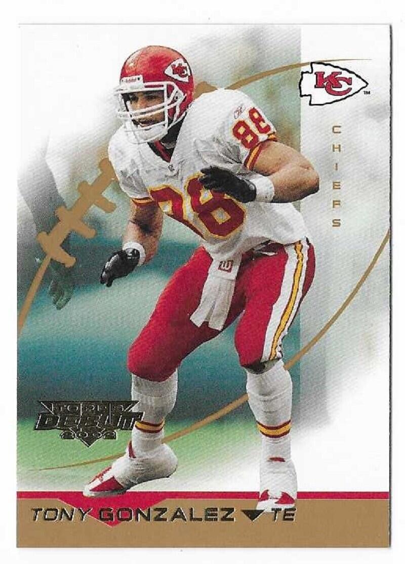 Football trading card featuring Tony Gonzalez with his career stats and team highlights.