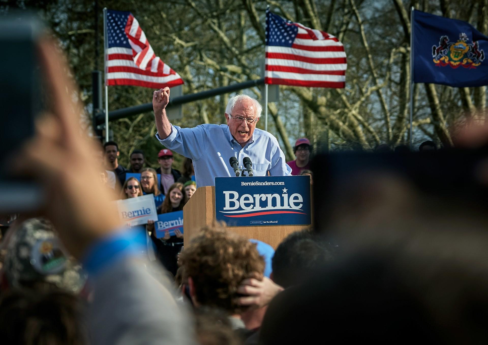 Bernie Sanders making a rally speech in 2019