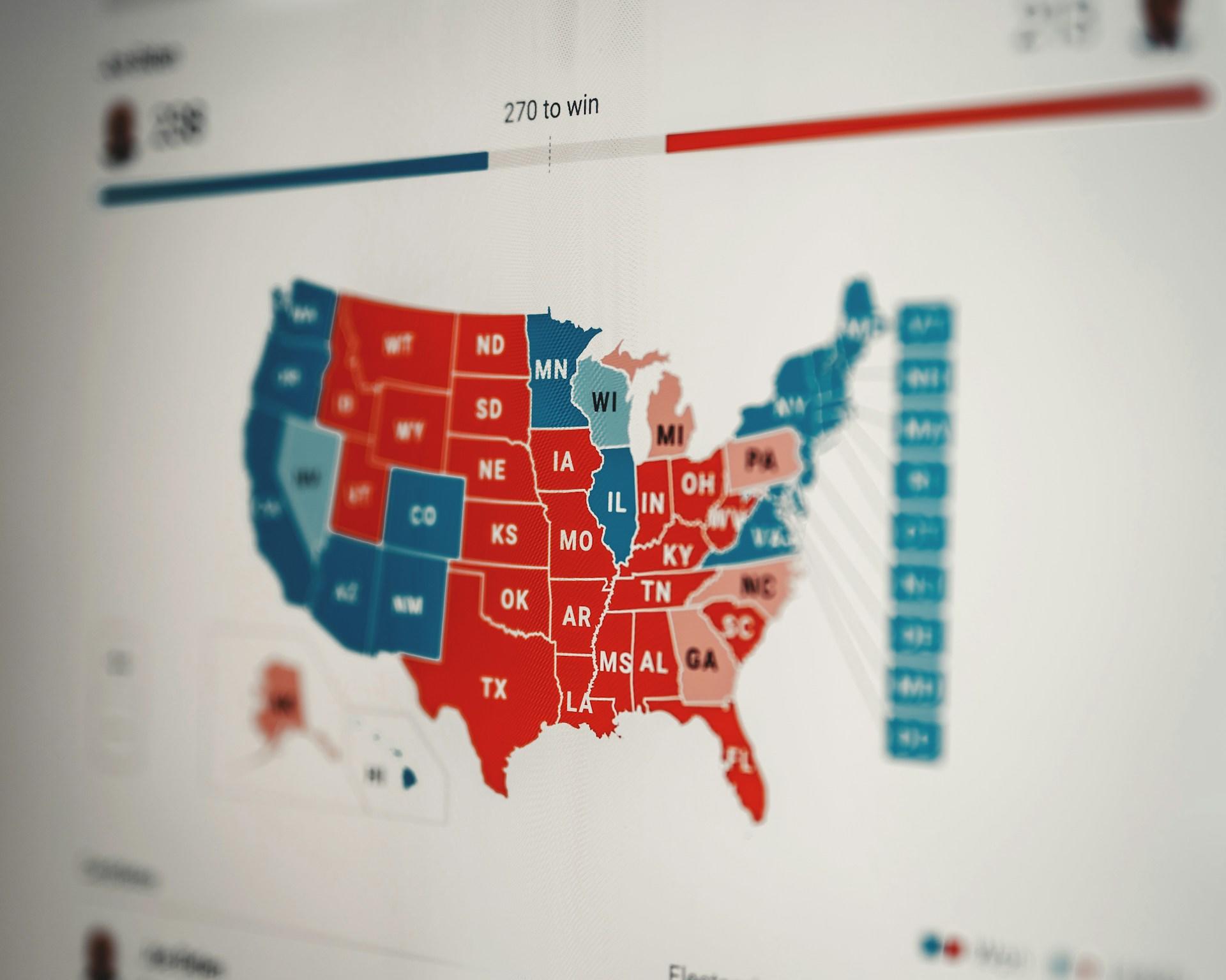 A picture of the Electoral College Race to 270 map from 2020
