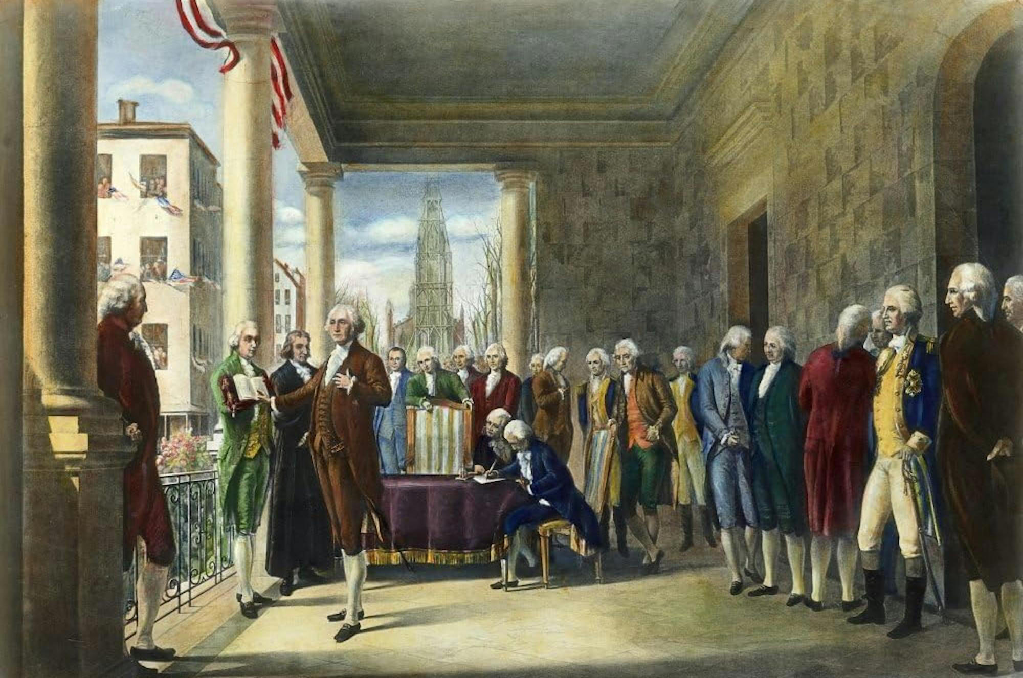 Oil painting of George Washington's inauguration as the first President of the United States which took place on April 30, 1789.
