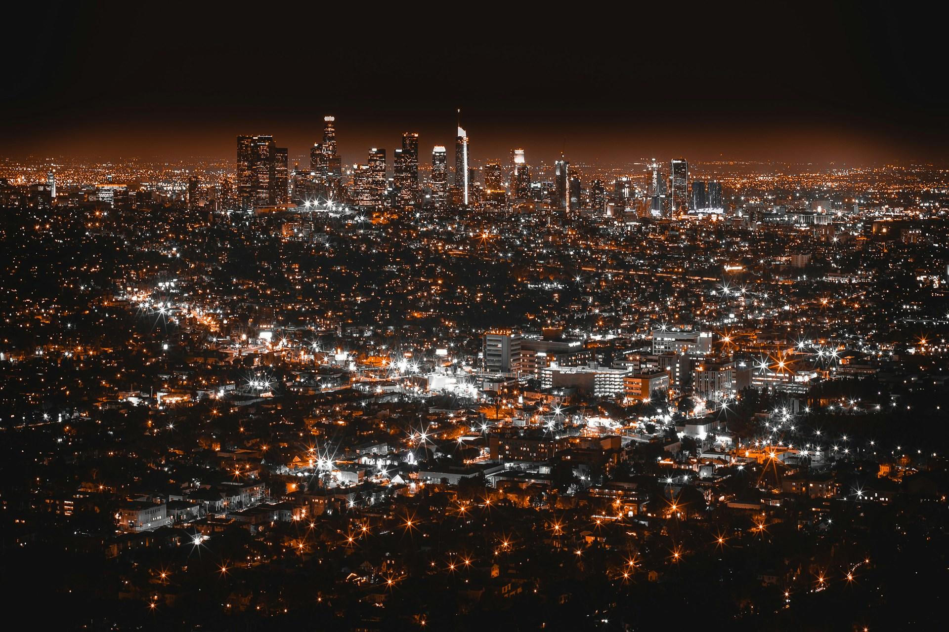 A view of Los Angeles at night.