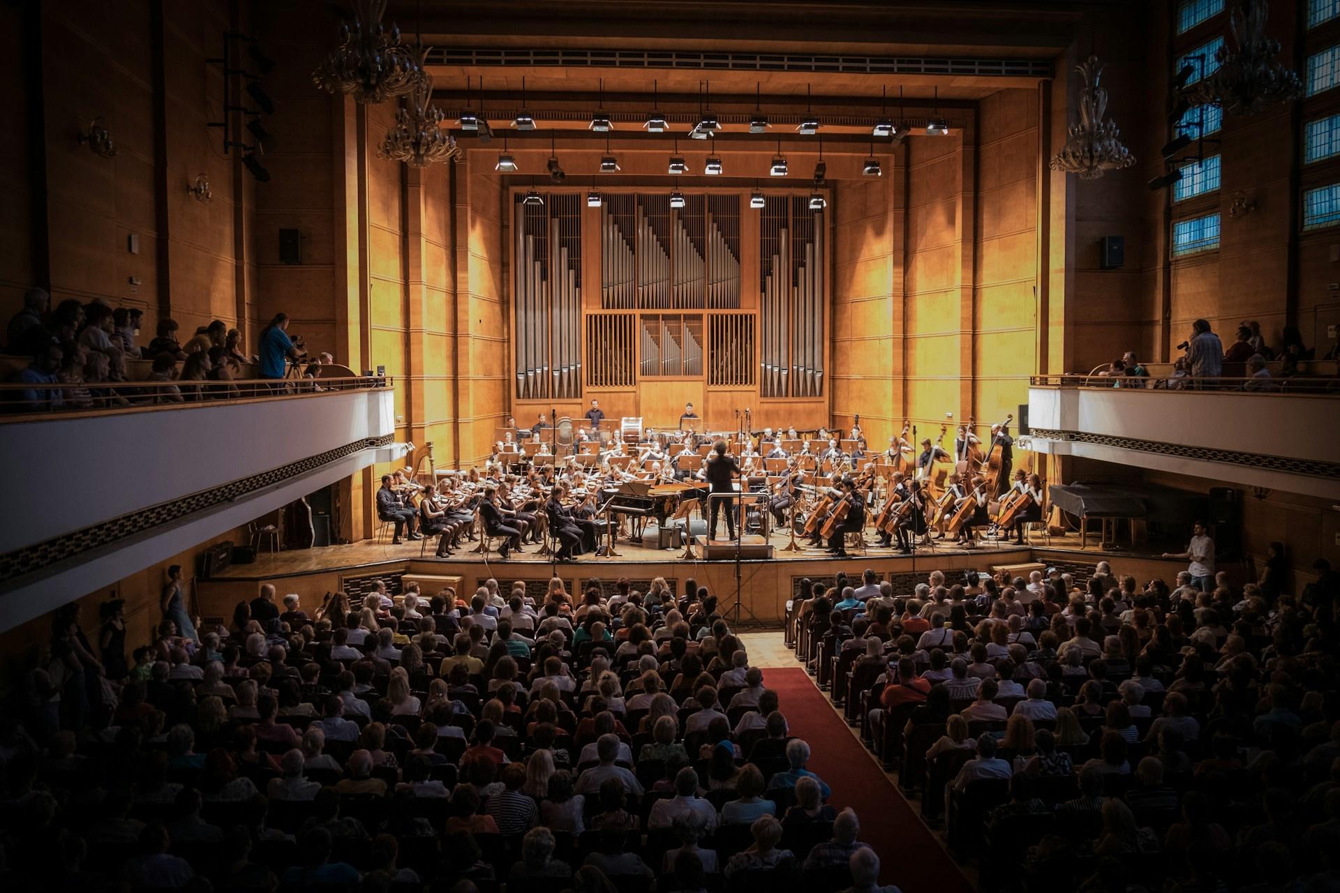 A view of an orchestra performing.