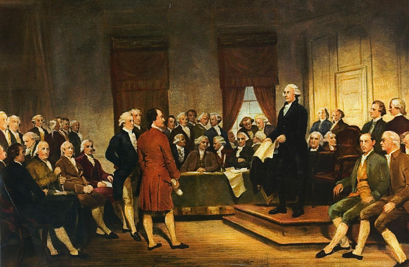 painting: Washington at Constitutional Convention of 1787, signing of U.S. Constitution by Junius Brutus Stearns, 1856