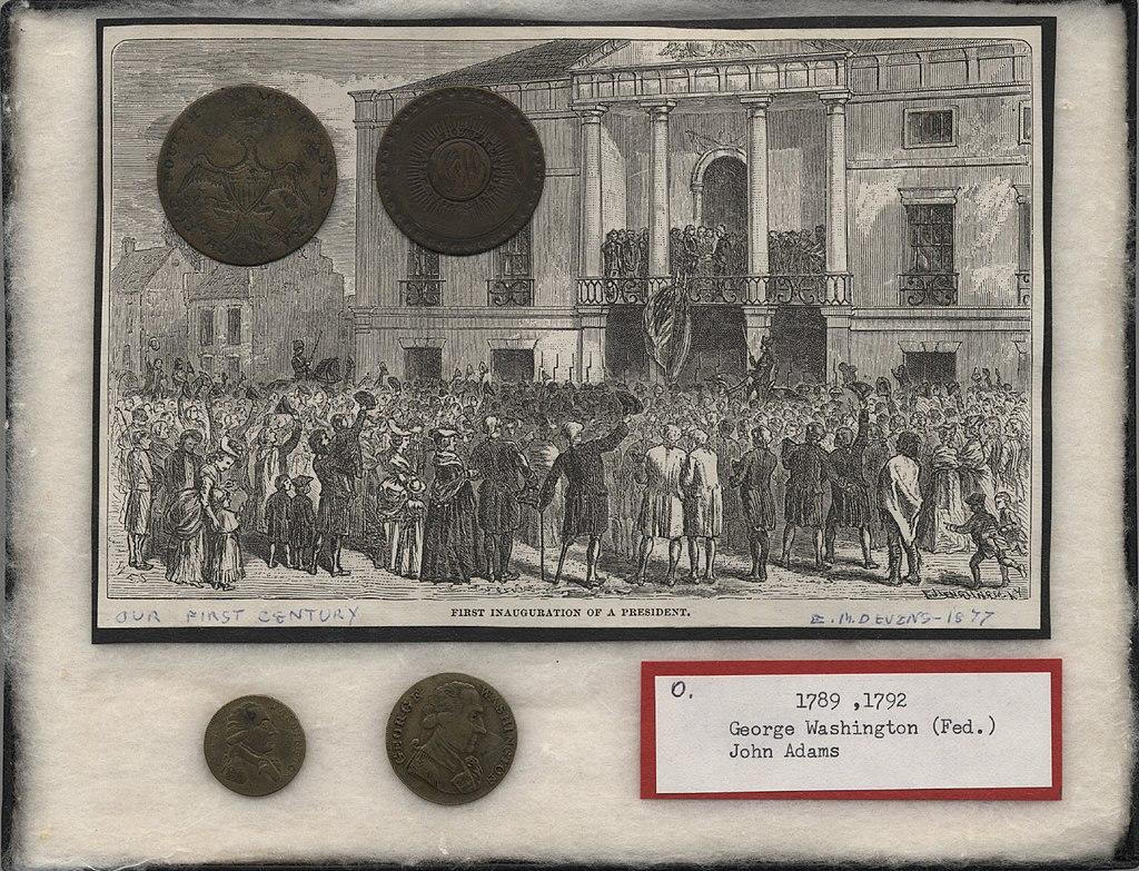 An old sketch with coins from George Washington's presidential inauguration in 1789