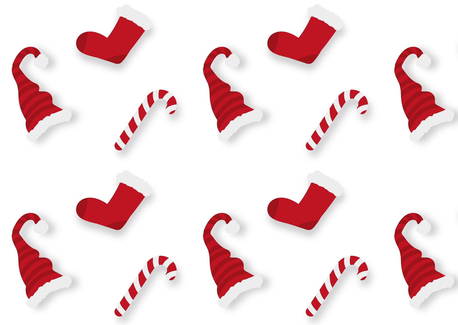 Candy canes, stockings and hats.