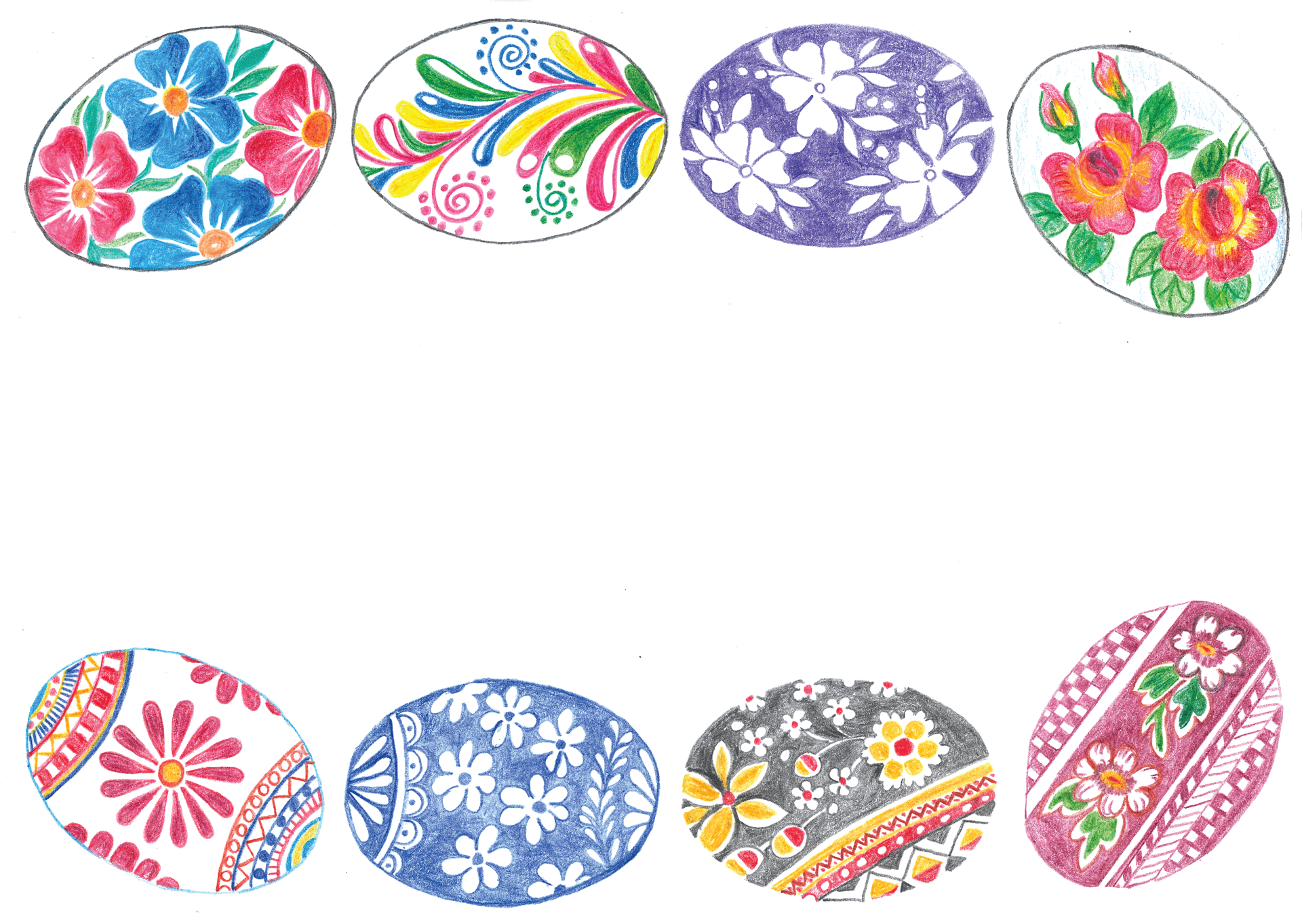 Eight decorative Easter eggs.