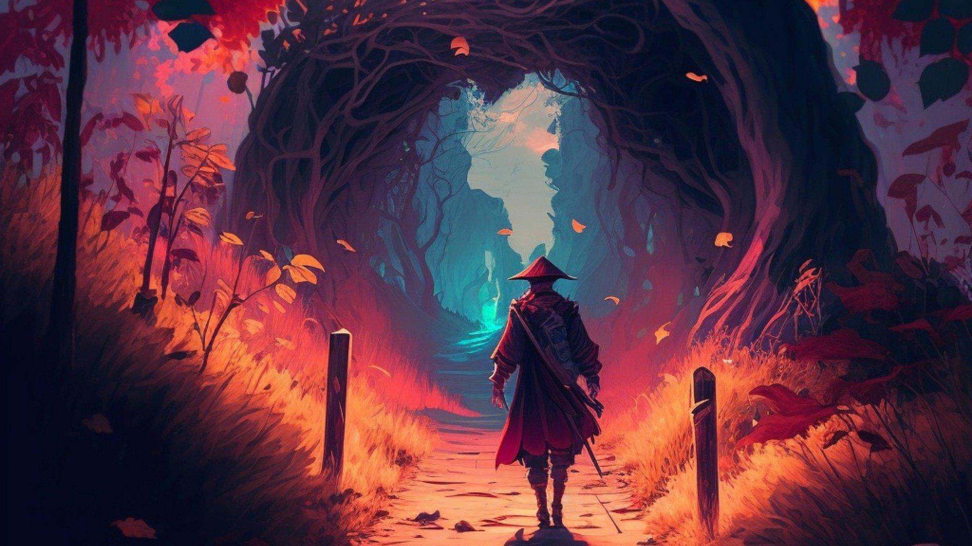 An anime ninja walking through a colorful path.