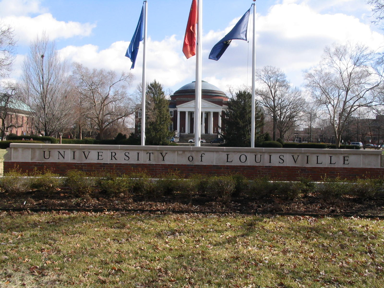 The University of Louisville sign in front of the main building.