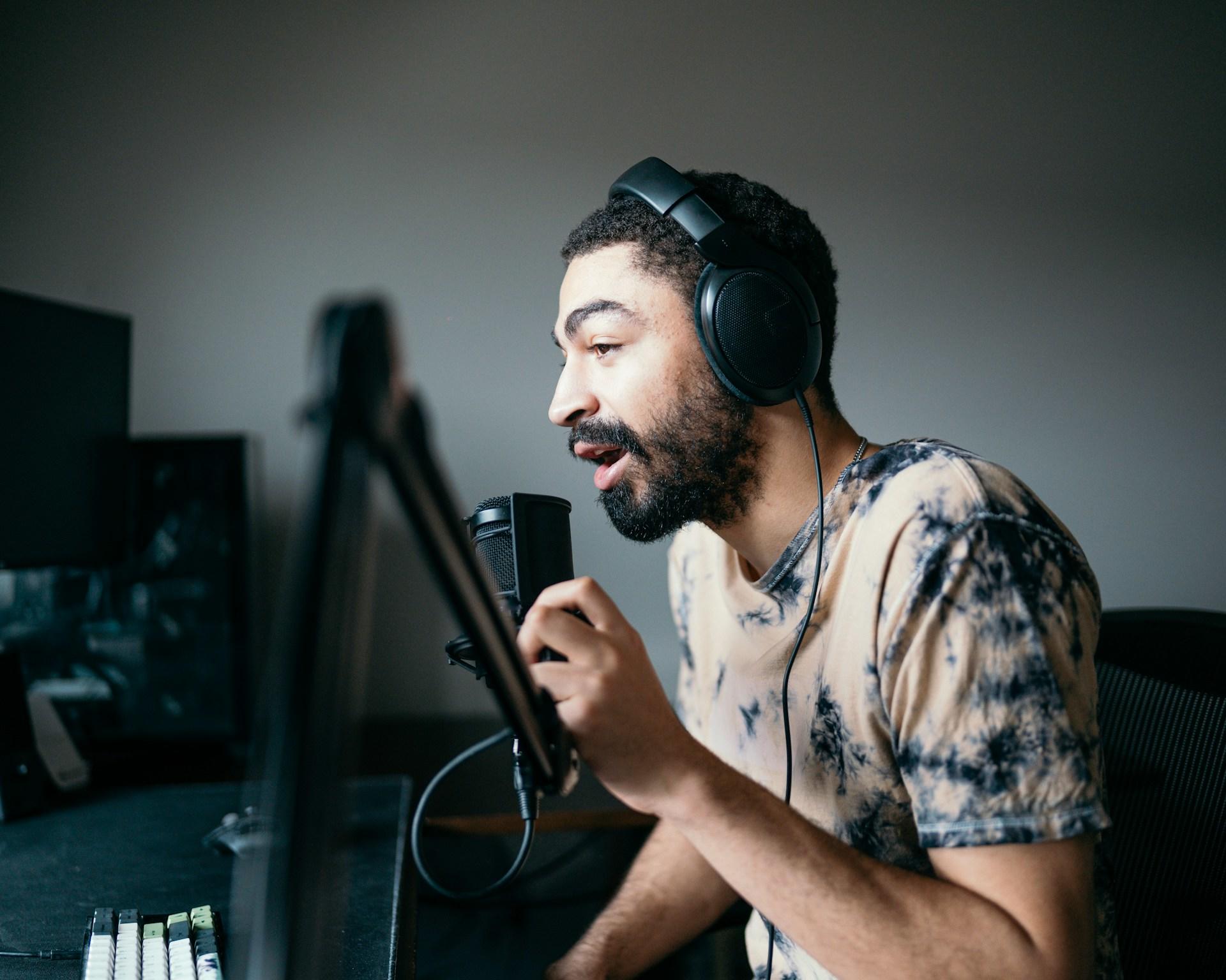 A singer in the studio during his vocal lessons.